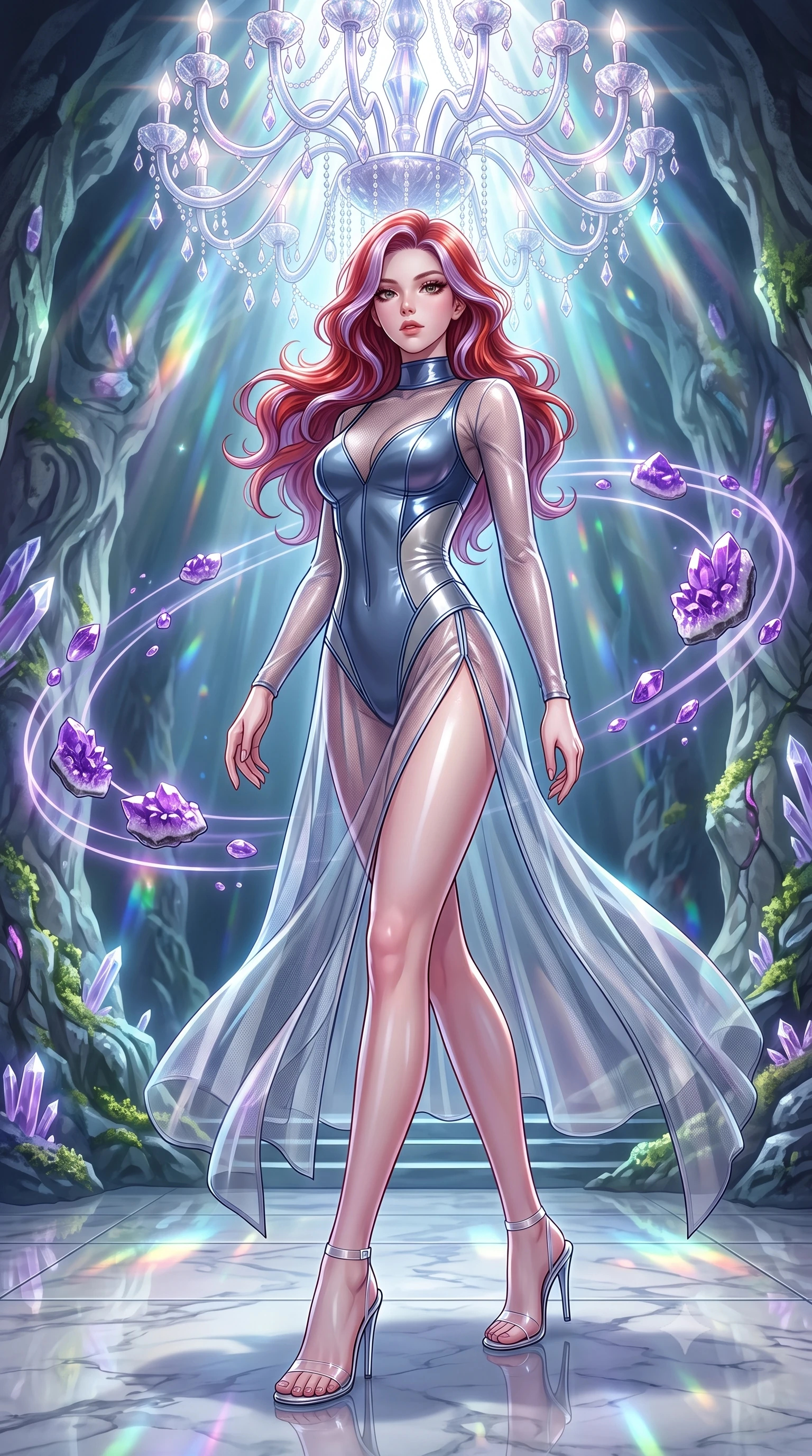 score_9, masterpiece, best quality, ultra-detailed, high-budget anime keyframe, editorial fashion photography, tasteful artistic composition, Caucasian woman. low angle full-body shot from head to toe showing her feet, filling the entire 9:16 vertical frame with her statuesque presence, stretching her vertical silhouette. navigating the luminous space with effortless poise, displaying her perfect model proportions poised beneath a giant crystal chandelier refracting subterranean sunlight, floating amethyst clusters drifting in smooth circular orbits. She has an absolutely perfect, statuesque 8.5-heads proportion, an exceptionally tall and slender model-like female figure with impossibly long slender legs and an ultra-slim waist. sharp v-shaped jawline, high-bridge nose, intricate jewel-like eyes with depth, thick eyelashes, glossy lips with a natural sheen. wearing a semi-opaque sheer overlay dress over a leather micro-bodysuit in slate blue and metallic silver, tailored from high-gloss patent leather, finished with a sleek side slit ascending to mid-thigh, the tailored fabric tightly following every curve of her athletic build. surrounded by a cool jewel-toned luminescence with bright specular rim lights. highly saturated vibrant anime colors, detailed shading with soft gradients, rich glossy textures, high-contrast stereoscopic depth, volumetric dynamic lighting, master piece, 9:16 ratio