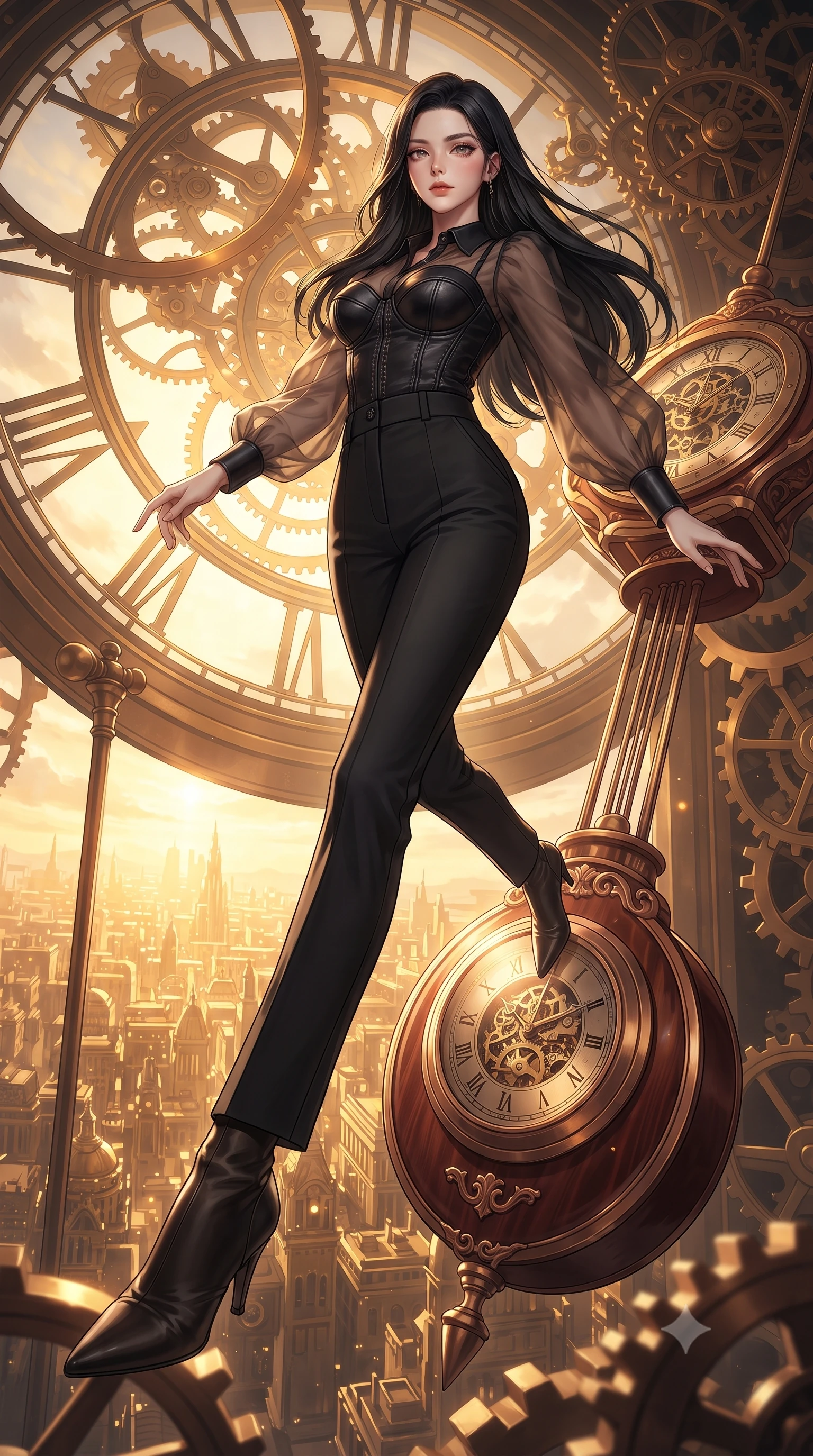 score_9, masterpiece, best quality, ultra-detailed, high-budget anime keyframe, editorial fashion photography, tasteful artistic composition, Korean woman. low angle full-body shot from head to toe showing her feet, filling the entire 9:16 vertical frame with her statuesque presence, stretching her vertical silhouette. leaping gracefully through the environment with statuesque elegance and long slender legs poised on a massive mechanical clock pendulum swinging over a golden city, rich mahogany and polished bronze textures reflecting warm hearth light. She has an absolutely perfect, statuesque 8.5-heads proportion, an exceptionally tall and slender model-like female figure with impossibly long slender legs and an ultra-slim waist. sharp v-shaped jawline, high-bridge nose, intricate jewel-like eyes with depth, thick eyelashes, glossy lips with a natural sheen. wearing a tailored leather bustier over a sheer silk chiffon blouse with tailored slacks, the sleek second-skin texture accentuating her magnetic presence. illuminated by a brilliant golden hour glow filtering through clockwork dials. ultra-reflective glossy finish, specular highlights, metallic sheen, high-contrast stereoscopic depth, volumetric dynamic lighting, 2k, ultra detail, master piece, 9:16 ratio