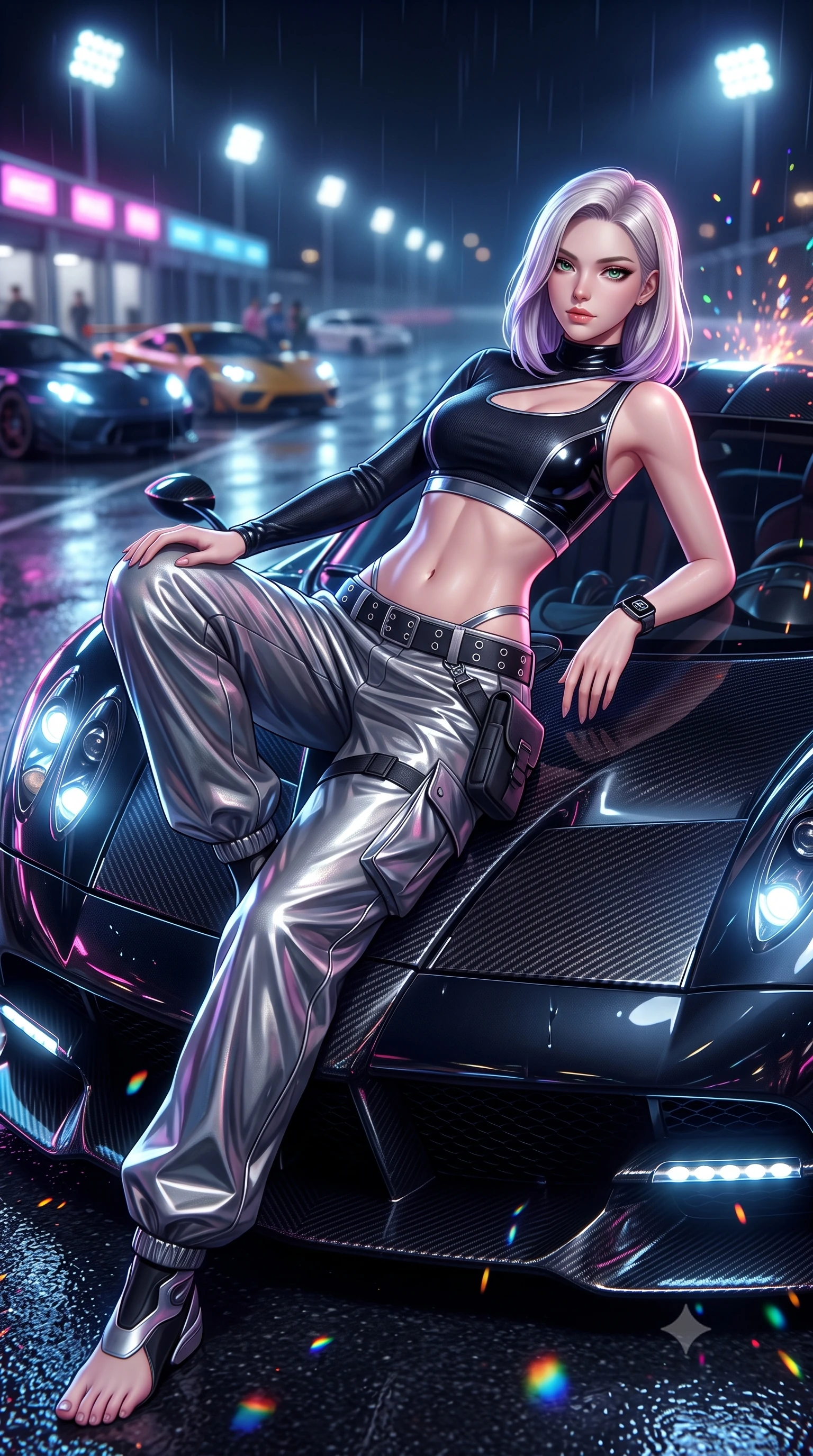 score_9, masterpiece, best quality, ultra-detailed, high-budget anime keyframe, semi-realistic 3D game render, editorial fashion photography, tasteful artistic composition, Caucasian woman. low angle full-body shot from head to toe showing her feet, filling the entire 9:16 vertical frame with her statuesque presence, stretching her vertical silhouette. reclining back languidly with one knee bent and spine arched in a breathtaking dancer line, commanding the entire 9:16 vertical frame while sitting poised on the glossy carbon-fiber hood of a midnight hypercar, one leg extended and torso angled back with seductive confidence. The composition keeps background elements in soft focus with creamy bokeh. rain-slicked asphalt reflections and turbo exhaust sparks scattering vivid chromatic light motes. She has an absolutely perfect, statuesque 8.5-heads proportion, an exceptionally tall and slender model-like female figure with impossibly long slender legs, a toned flat midriff, and an ultra-slim waist. sharp v-shaped jawline, high-bridge nose, intricate jewel-like eyes with depth, thick eyelashes, glossy parted lips with a natural sheen, intensely captivating and seductive expression, flawlessly proportioned anatomical accuracy, strict slender model proportions, natural body alignment, perfectly sculpted long slender limbs, ultra-slim waistline, clean dynamic posture without body distortion. wearing an asymmetric single-sleeve moto crop top paired with baggy metallic parachute trousers and grommet belt in pitch-black vinyl and specular chrome trim, crafted from compression knit fabric sculpting her athletic hourglass lines, equipped with a low-slung utility holster and racing telemetry smartwatch, the precision-cut daring openings accentuating her delicate midriff, graceful bare collarbones, and ultra-slim feminine waistline. bathed in high-intensity xenon hypercar headlights and neon pitlane floodlights. highly saturated vibrant anime colors, detailed shading with soft gradients, rich glossy textures, high-contrast stereoscopic depth, volumetric dynamic lighting, master piece, 9:16 ratio