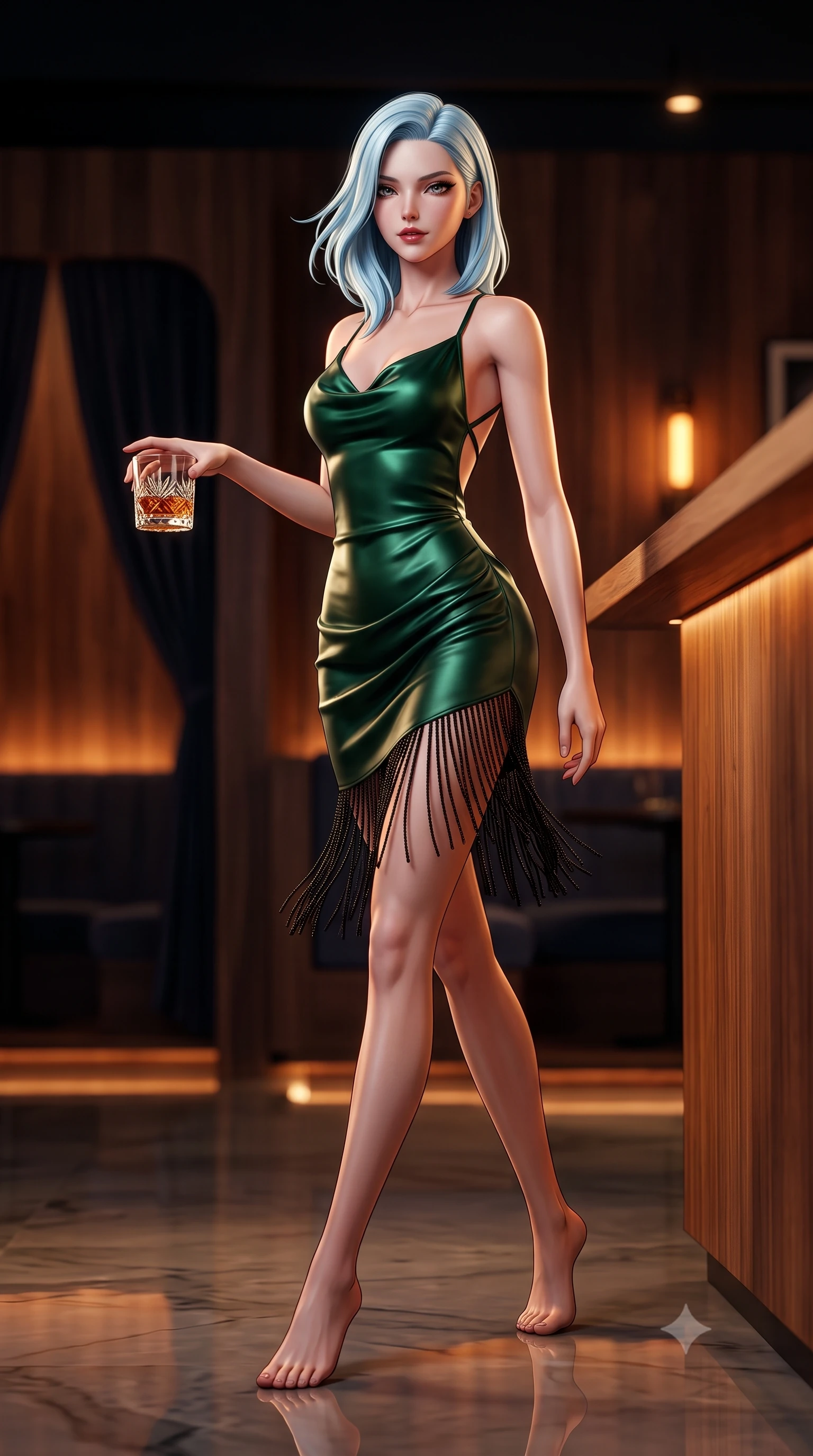 score_9, masterpiece, best quality, ultra-detailed, high-budget anime keyframe, semi-realistic 3D game render, editorial fashion photography, tasteful artistic composition, Korean woman. low angle full-body shot from head to toe showing her feet, filling the entire 9:16 vertical frame with her statuesque presence, stretching her vertical silhouette. striding forward gracefully across the reflective floor with sovereign supermodel poise, hips swaying in an alluring kinetic rhythm that accentuates her curvy hourglass silhouette and long slender legs while leaning against the warm wooden listening counter holding a whiskey glass, her smoldering gaze holding the lens with magnetic intensity. The composition keeps background elements in soft focus with dreamy creamy bokeh. dimly lit acoustic timber walls and private booth drapes softened in intimate audiophile shallow focus. She has an exceptionally tall and slender model-like 8.5-heads proportion, an ultra-slim waist, a flat toned midriff, narrow delicate ribcage, and beautifully sculpted feminine hips creating a graceful, slim hourglass silhouette without any bulky heaviness, with impossibly long slender legs. sharp v-shaped jawline, high-bridge nose, intricate jewel-like dark sparkling eyes with dangerous depth, thick curled eyelashes, glossy parted lips with a rich wine sheen, smoldering seductive half-smile with bedroom-eyes, exuding effortless superiority and intoxicating dark allure, flawlessly proportioned anatomical accuracy, strict slender model proportions, natural body alignment, perfectly sculpted long slender limbs, ultra-slim waistline, clean dynamic posture without body distortion. wearing a cowl-neck emerald green silk satin slip dress with criss-cross back straps and hip-accentuating drape in pure obsidian monochrome with subtle metallic sheen, made of supple butter-soft lambskin leather with a subtle satin sheen, accented with fine jet-black beaded tassels that sway with each movement, the glove-like silhouette tightly following the natural contour of her hips and long slender legs with youthful 8.5-heads elegance. bathed in moody warm tube amplifier amber glow and dark walnut ambient bounce. highly saturated vibrant anime colors, detailed shading with soft gradients, rich glossy textures, high-contrast stereoscopic depth, volumetric dynamic lighting, master piece, 9:16 ratio