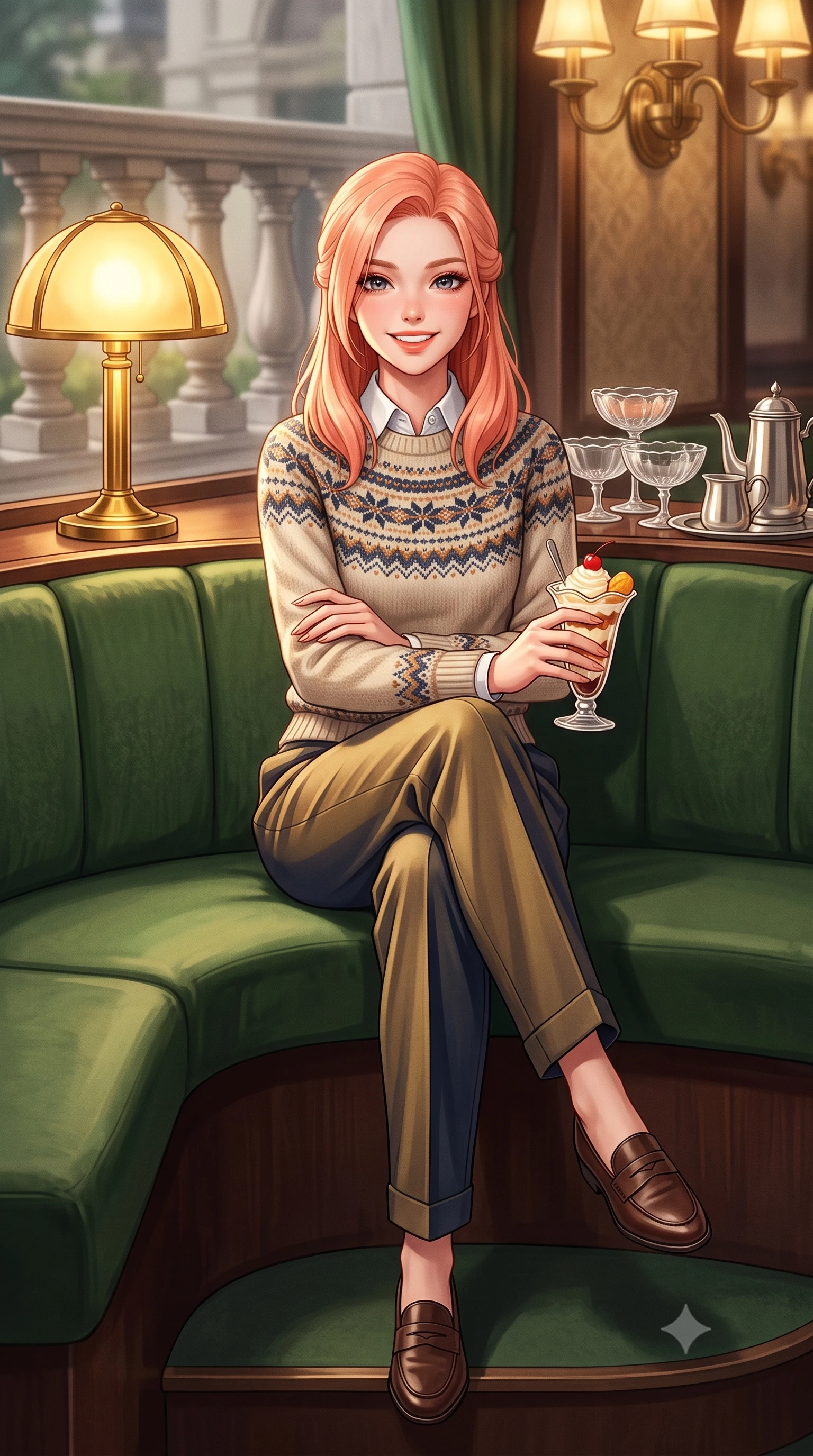 score_9, masterpiece, best quality, ultra-detailed, high-budget anime keyframe, semi-realistic 3D game render, editorial fashion photography, tasteful artistic composition, Japanese woman. low angle full-body shot from head to toe showing her feet, filling the entire 9:16 vertical frame with her statuesque presence, stretching her vertical silhouette. standing poised beside the classical stone balustrade with one foot slightly forward, hands folded loosely before her with regal grace while sitting poised in a curved forest green velvet booth beside a polished brass lamp, smiling cheerfully over a vintage parfait glass. The background shows a soft-focus vintage crystal dessert coupes and silver coffee services softened in nostalgic Tokyo cafe romance shallow focus. She has an exceptionally tall and slender model-like 8.5-heads proportion, an ultra-slim waist, a flat toned midriff, narrow delicate ribcage, and beautifully sculpted feminine hips creating a graceful, slim hourglass silhouette without any bulky heaviness, with impossibly long slender legs. sharp v-shaped jawline, high-bridge nose, intricate jewel-like sparkling eyes with depth, thick eyelashes, glossy parted lips with a natural peach sheen, bright cheerful beaming smile with an enchanting and coquettish sensual glint, exuding both youthful cute charm and seductive allure, flawlessly proportioned anatomical accuracy, strict slender model proportions, natural body alignment, perfectly sculpted long slender limbs, ultra-slim waistline, clean dynamic posture without body distortion. wearing a Fair Isle patterned lambswool knit sweater layered over an Oxford button-down shirt with pleated wool trousers in Ginza vintage brass gold and midnight navy, crafted from ultra-soft Mongolian cashmere with exquisite insulating warmth and tactile softness, featuring delicate tonal horn buttons and meticulous hand-stitched pick-lapel borders, the streamlined silhouette following her natural slender proportions with sophisticated poise, enhancing her tall willowy presence. bathed in warm 2900K incandescent amber illumination from authentic Art Deco brass chandeliers and table lamps. highly saturated vibrant anime colors, detailed shading with soft gradients, rich glossy textures, high-contrast stereoscopic depth, volumetric dynamic lighting, master piece, 9:16 ratio