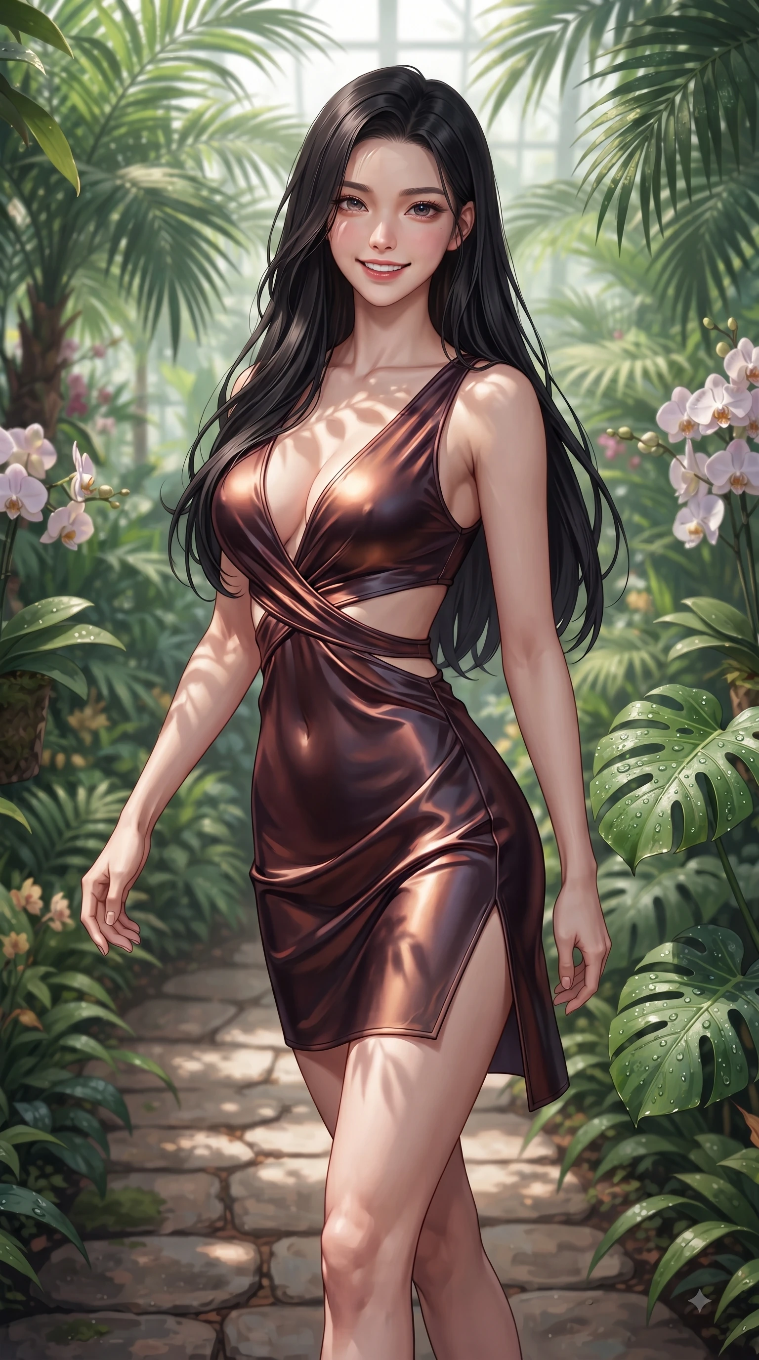score_9, masterpiece, best quality, ultra-detailed, high-budget anime keyframe, editorial fashion photography, tasteful artistic composition, Korean woman. close-up cowboy shot from the waist and thighs up, the character dominates the composition, filling the frame with her large presence, background elements kept in soft focus. Gazing directly into the camera with a fresh, infectious smile as her torso curves dynamically in mid-stride while walking along a stone path in a lush botanical greenhouse surrounded by tropical green palms, dewdrops on lush green Monstera leaves and orchids scattering bright specular highlights. She has an exceptionally elegant, slender, and willowy female figure with an ultra-slim waist, a gracefully sculpted slender torso, and a refined silhouette. sharp v-shaped jawline, high-bridge nose, intricate jewel-like eyes with depth, thick eyelashes, glossy lips with a natural sheen, flawlessly proportioned anatomical accuracy, natural body alignment, perfectly sculpted elegant limbs, clean dynamic posture without body distortion. wearing a liquid mercury gloss mini dress with ultra-deep V-neck and waist cutouts in deep burgundy and bronze, crafted from lustrous satin jersey with fluid draping, finished with a sleek side slit ascending to mid-thigh, the form-contouring material highlighting her ultra-slim waist and long lines. illuminated by clear sunbeams casting organic leaf stencil shadows across her skin. ultra-reflective glossy finish, specular highlights, metallic sheen, high-contrast stereoscopic depth, volumetric dynamic lighting, 2k, ultra detail, master piece, 9:16 ratio