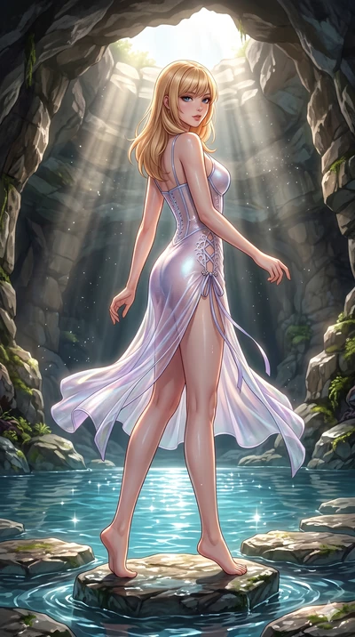Caucasian woman. executing a slow, graceful pivot turn as her skirt sways around her slender legs, glancing back with an enchanting, teasing sensual expression while stepping gracefully from stone to stone across the secret grotto pool, hips swaying in an alluring sensual rhythm. The surrounding environment is rendered in vivid detail and crisp...