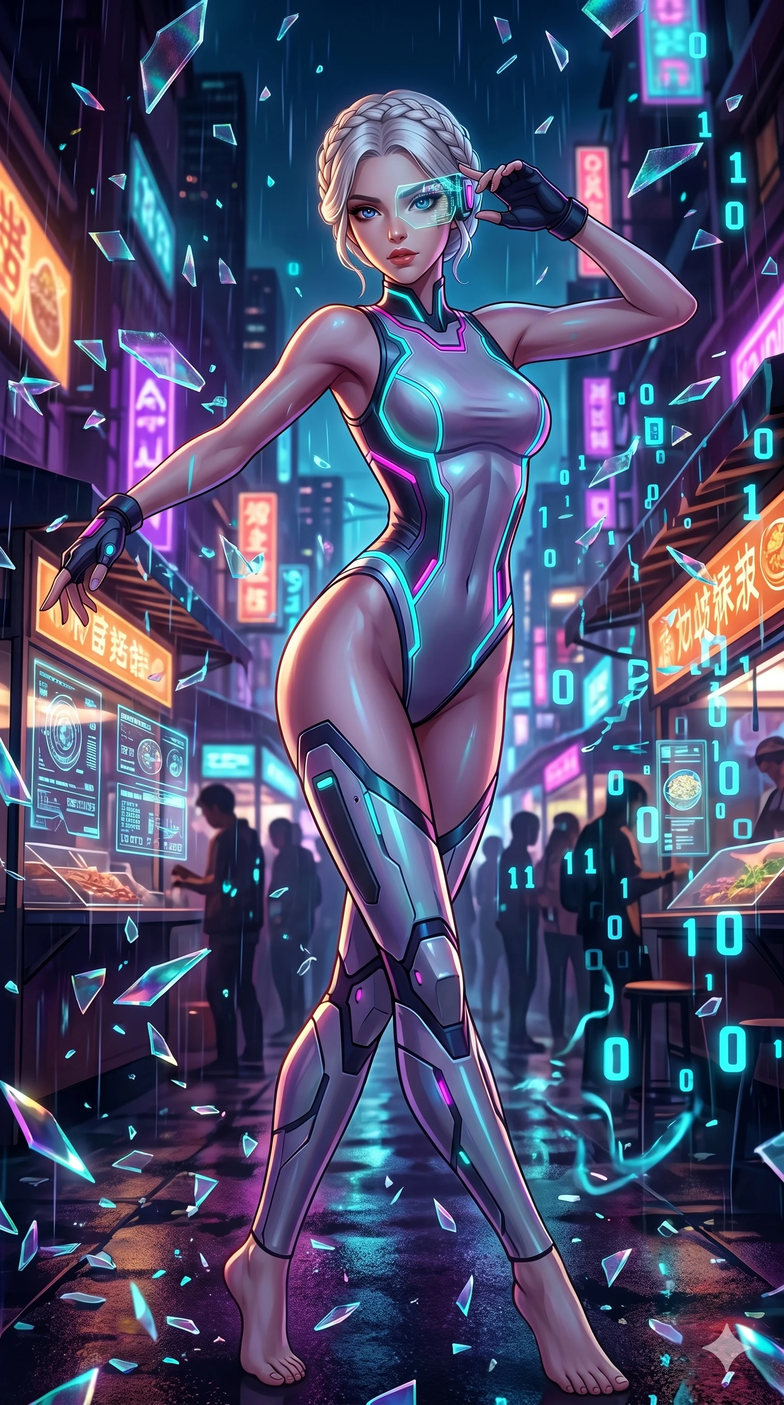 score_9, masterpiece, best quality, ultra-detailed, Set A: High-budget Anime Keyframe, Caucasian (strictly human ears) woman. Upper body close-up from the thighs up, character filling the screen for maximum presence. Dancing through a futuristic night market, while a digital blizzard of 179 bits obscures the horizon and surrounded by shattered glass fragments. She has an absolutely perfect 8-heads proportion, an exceptionally tall and slender female figure with impossibly long slender legs and an ultra-slim waist. Sharp v-shaped jawline, high-bridge nose, intricate jewel-like eyes with depth, thick eyelashes, glossy lips with a natural sheen. Wearing High-cut athletic leotard with glowing trim and a translucent visor accessory. Cinematic lighting, vibrant colors, dramatic shadows, 2k, ultra detail, master piece, 9:16 ratio