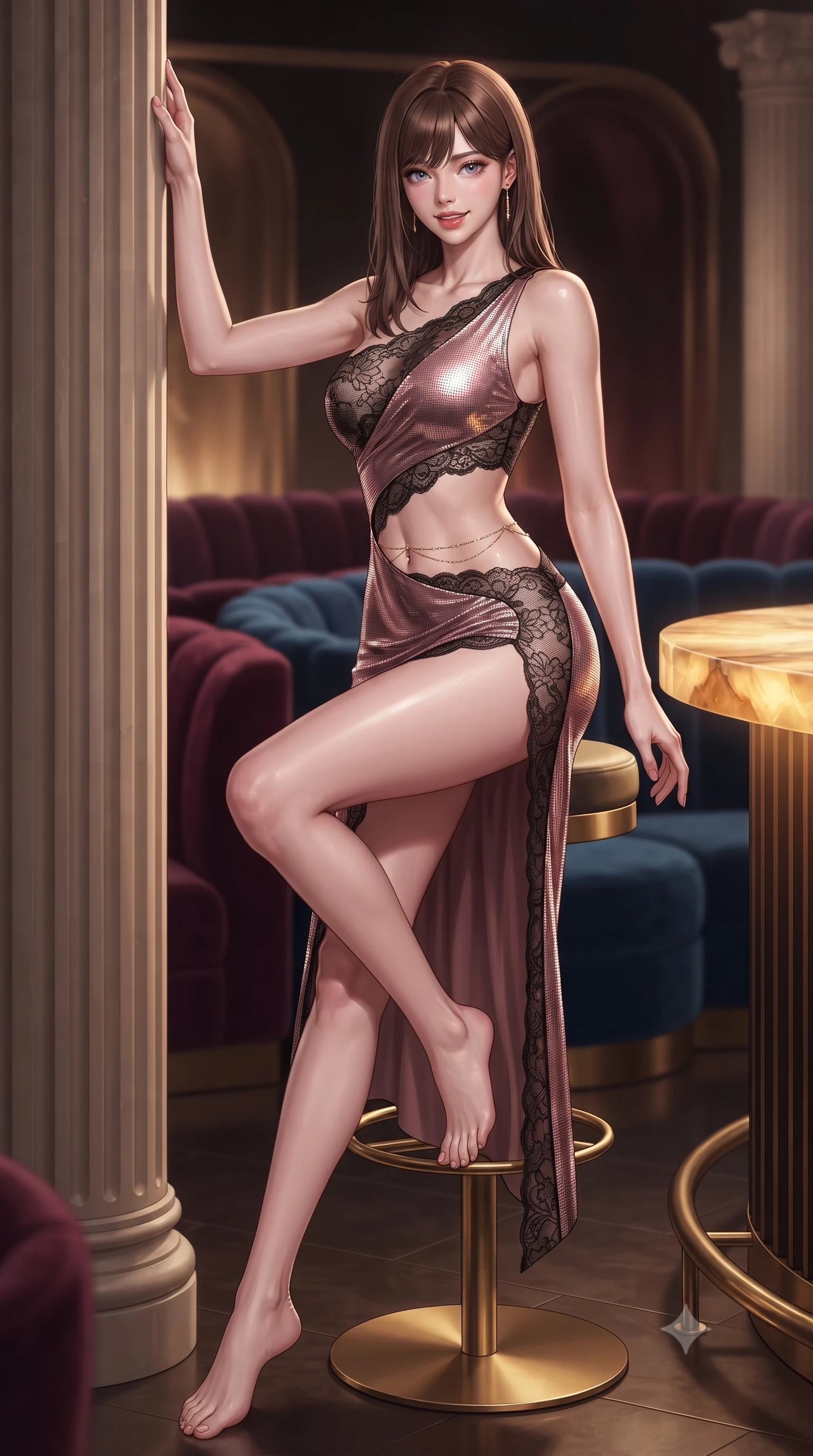 score_9, masterpiece, best quality, ultra-detailed, high-budget anime keyframe, editorial fashion photography, tasteful artistic composition, Korean woman. low angle full-body shot from head to toe showing her feet, filling the entire 9:16 vertical frame with her statuesque presence, stretching her vertical silhouette. standing tall beside the architectural column, one hand resting high while arching her lower back to emphasize her sculpted feminine hips and slender waist while perched gracefully on the golden swivel barstool with one leg extended, her flat midriff and long slender limbs commanding the VIP bar. The background shows a soft-focus curved velvet bar banquettes softened in ultra-luxury nightlife shallow focus. She has an absolutely perfect, statuesque 8.5-heads proportion, an exceptionally tall and slender model-like female figure with impossibly long slender legs, an ultra-slim waist, a flat toned midriff, narrow delicate ribcage, and beautifully sculpted feminine hips creating a graceful, slim hourglass silhouette without any bulky heaviness. sharp v-shaped jawline, high-bridge nose, sparkling eyes with hypnotic seductive depth, thick curled eyelashes, glossy parted lips with a natural dewy peach sheen, alluring bedroom-eyes with an enchanting coquettish smile, exuding magnetic siren charisma and sophisticated glamour, flawlessly proportioned anatomical accuracy, strict slender model proportions, natural body alignment, perfectly sculpted long slender limbs, ultra-slim waistline, clean dynamic posture without body distortion. wearing an asymmetric one-shoulder liquid jersey nymph dress with dramatic hip-high slit and waist cutout in dusky blush rose and antique black chantilly lace, crafted from shimmering fluid chainmail mesh reflecting ambient casino lights, accented with a dainty gold belly chain resting across her flat midriff and curving hips, the glove-like clinging cut tightly following the natural contour of her hips and long slender legs with youthful 8.5-heads elegance. bathed in warm ambient light radiating upward through the translucent honey-onyx bar top. ultra-reflective glossy finish, specular highlights, rich textural contrasts, high-contrast stereoscopic depth, volumetric dynamic lighting, 2k, ultra detail, master piece, 9:16 ratio