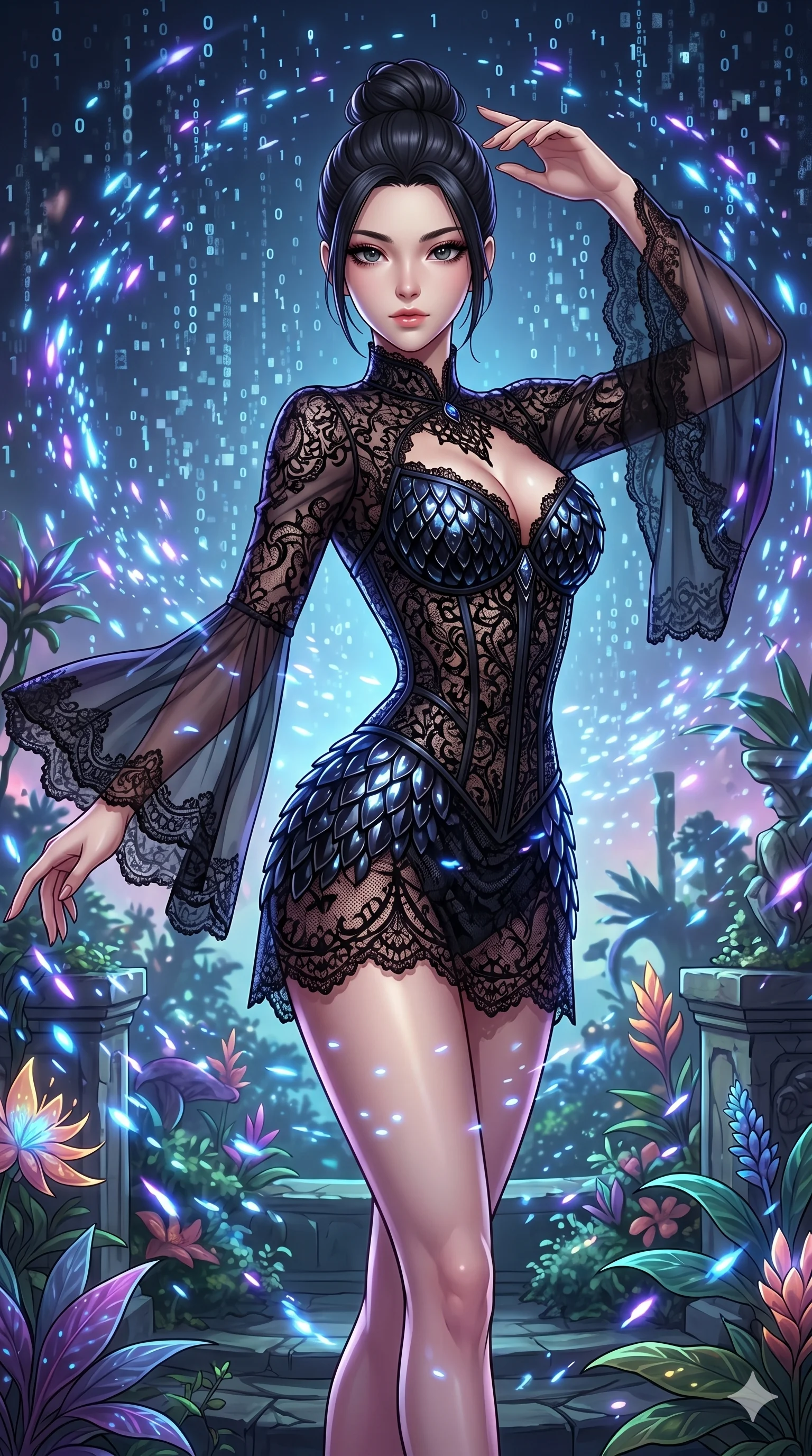 score_9, masterpiece, best quality, ultra-detailed, Set A: High-budget Anime Keyframe, Japanese woman. Upper body close-up from the thighs up, character filling the screen for maximum presence. Dancing through a floating botanical garden, while a digital blizzard of 219 bits obscures the horizon and surrounded by glowing energy sparks. She has an absolutely perfect 8-heads proportion, an exceptionally tall and slender female figure with impossibly long slender legs and an ultra-slim waist. Sharp v-shaped jawline, high-bridge nose, intricate jewel-like eyes with depth, thick eyelashes, glossy lips with a natural sheen. Wearing Gothic lace corset mini-dress with sheer bell-sleeves and obsidian glass scales. Cinematic lighting, vibrant colors, dramatic shadows, 2k, ultra detail, master piece, 9:16 ratio