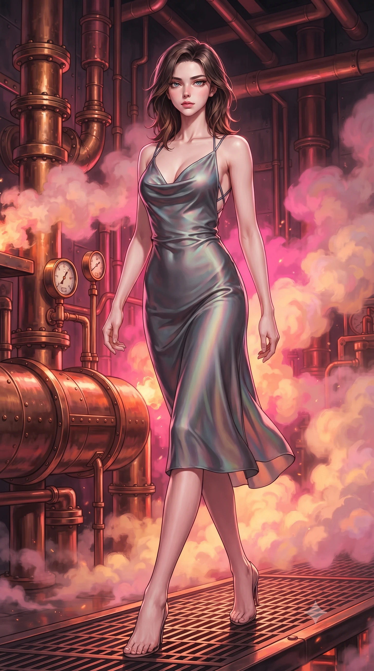 score_9, masterpiece, best quality, ultra-detailed, high-budget anime keyframe, editorial fashion photography, tasteful artistic composition, Korean woman. low angle full-body shot from head to toe showing her feet, filling the entire 9:16 vertical frame with her statuesque presence, stretching her vertical silhouette. stepping forward with proud posture, filling the vertical frame with her magnetic presence poised beside giant bronze steam pipes emitting pink and amber vapor clouds, intricate copper pipes, rivets, and pressure gauges gleaming in furnace heat. She has an absolutely perfect, statuesque 8.5-heads proportion, an exceptionally tall and slender model-like female figure with impossibly long slender legs and an ultra-slim waist. sharp v-shaped jawline, high-bridge nose, intricate jewel-like eyes with depth, thick eyelashes, glossy lips with a natural sheen. wearing an elegant cowl-neck satin midi dress with a draped neckline in charcoal grey and platinum, crafted from iridescent chiffon that shifts colors in the light, complemented by criss-cross back straps highlighting her bare shoulders, the sleek second-skin texture accentuating her magnetic presence. bathed in hot pink and orange furnace glow with sharp bronze specular highlights. highly saturated vibrant anime colors, detailed shading with soft gradients, rich glossy textures, high-contrast stereoscopic depth, volumetric dynamic lighting, master piece, 9:16 ratio
