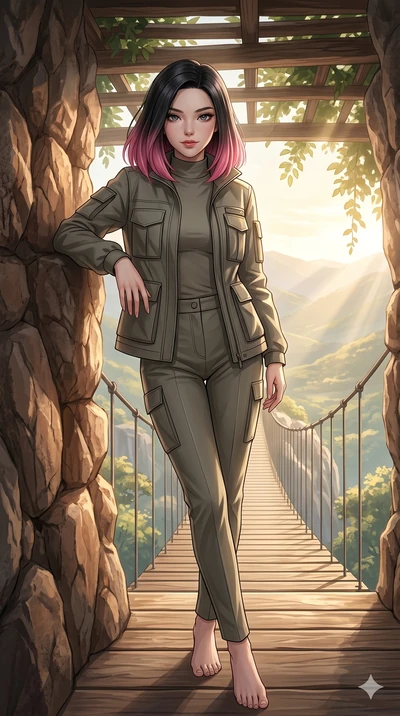 score_9, masterpiece, best quality, ultra-detailed, high-budget anime keyframe, editorial fashion photography, tasteful artistic composition, Korean woman. low angle full-body shot from head to toe showing her feet, filling the entire 9:16 vertical f