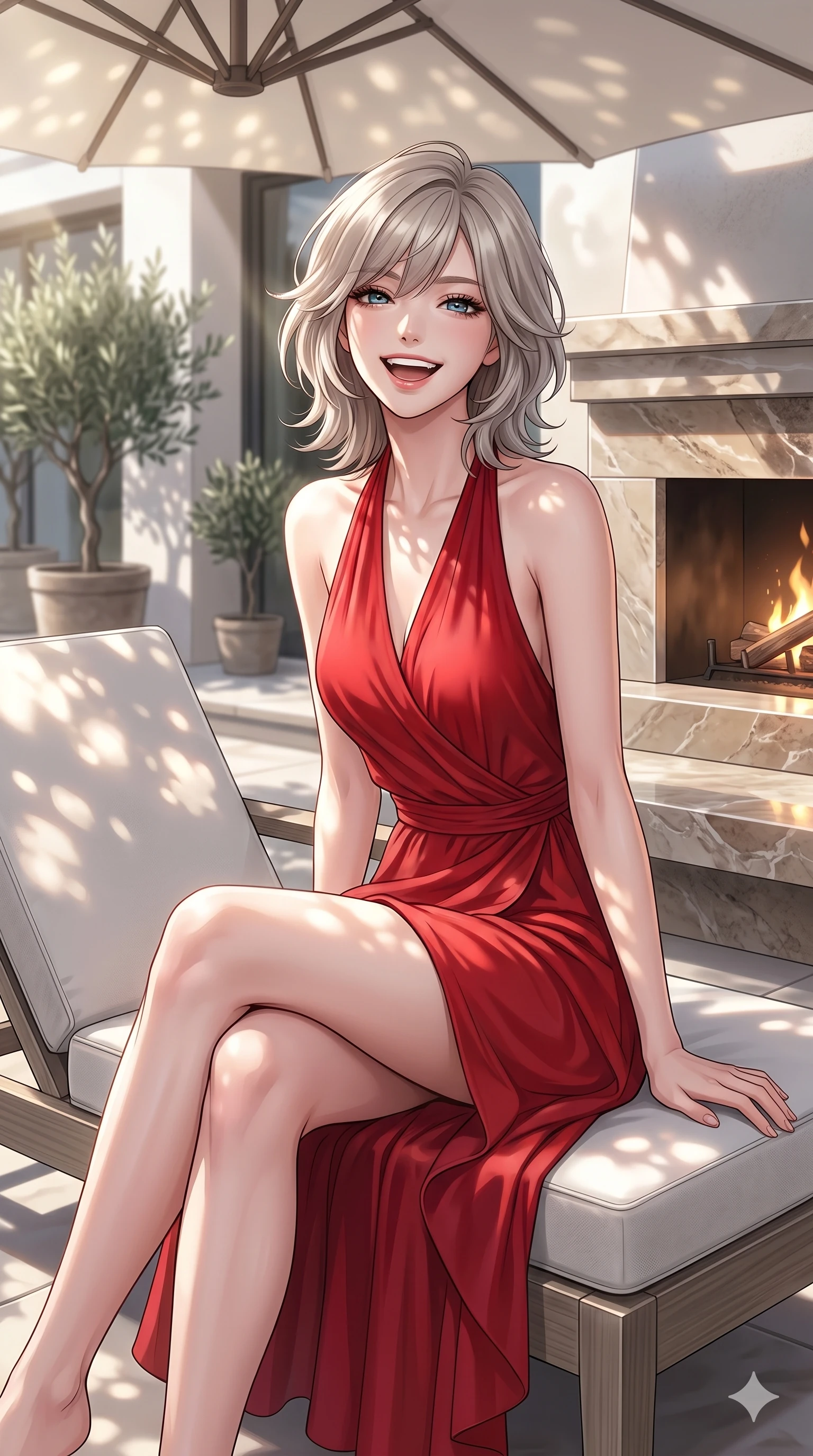 score_9, masterpiece, best quality, ultra-detailed, high-budget anime keyframe, editorial fashion photography, tasteful artistic composition, Japanese woman. cowboy shot from the thighs up, character and outfit filling the frame for maximum editorial presence. sitting on a modern lounge chair, looking at the lens with a bright, playful laugh next to a decorative outdoor fireplace on a sunny villa patio. She has an absolutely perfect 8-heads proportion, an exceptionally tall and slender female figure with impossibly long slender legs and an ultra-slim waist. V-shaped jawline, high-bridge nose, intricate jewel-like eyes with depth, thick eyelashes, glossy lips with a natural sheen. wearing a red wrap dress with a graceful halter neck and bare shoulders. drenched in bright afternoon sunshine filtering through the patio umbrella, creating dapples. 2k, ultra detail, master piece, 9:16 ratio