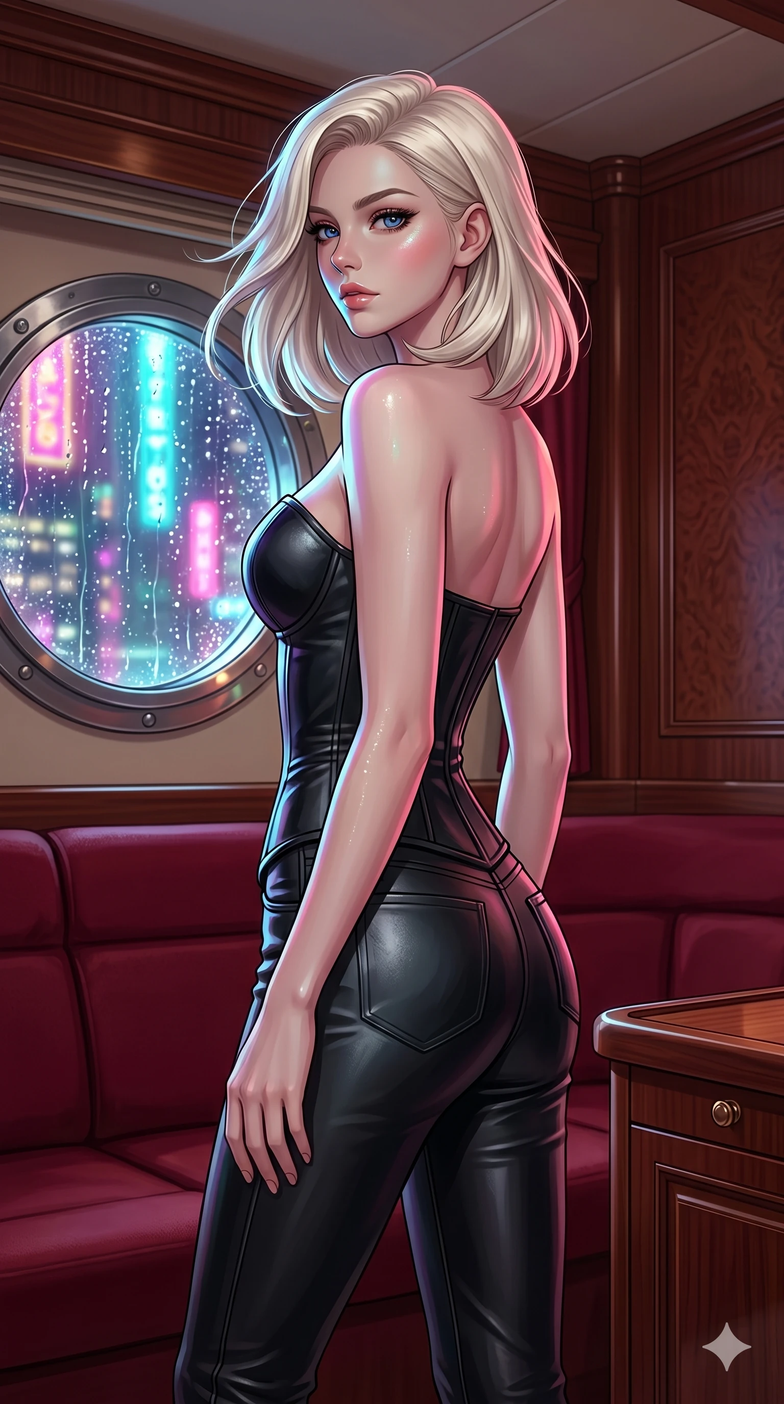 score_9, masterpiece, best quality, ultra-detailed, high-budget anime keyframe, editorial fashion photography, tasteful artistic composition, Caucasian woman, strictly human ears. cowboy shot from the thighs up, character and outfit filling the frame for maximum editorial presence. standing tall, looking over her shoulder with a magnetic gaze inside a luxury yacht stateroom cabin with rich mahogany paneling (Code-P18-189). She has an absolutely perfect 8-heads proportion, an exceptionally tall and slender female figure with impossibly long slender legs and an ultra-slim waist. V-shaped jawline, high-bridge nose, intricate jewel-like eyes with depth, thick eyelashes, glossy lips with a natural sheen. wearing a leather structured bodice with sweetheart neckline revealing sculpted contours. neon lights refracting through the rain droplets, creating a sparkling, wet glow on her. 2k, ultra detail, master piece, 9:16 ratio
