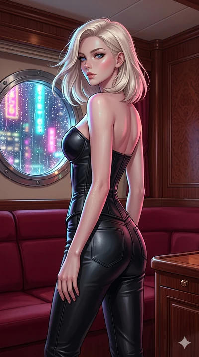 score_9, masterpiece, best quality, ultra-detailed, high-budget anime keyframe, editorial fashion photography, tasteful artistic composition, Caucasian woman, strictly human ears. cowboy shot from the thighs up, character and outfit filling the frame