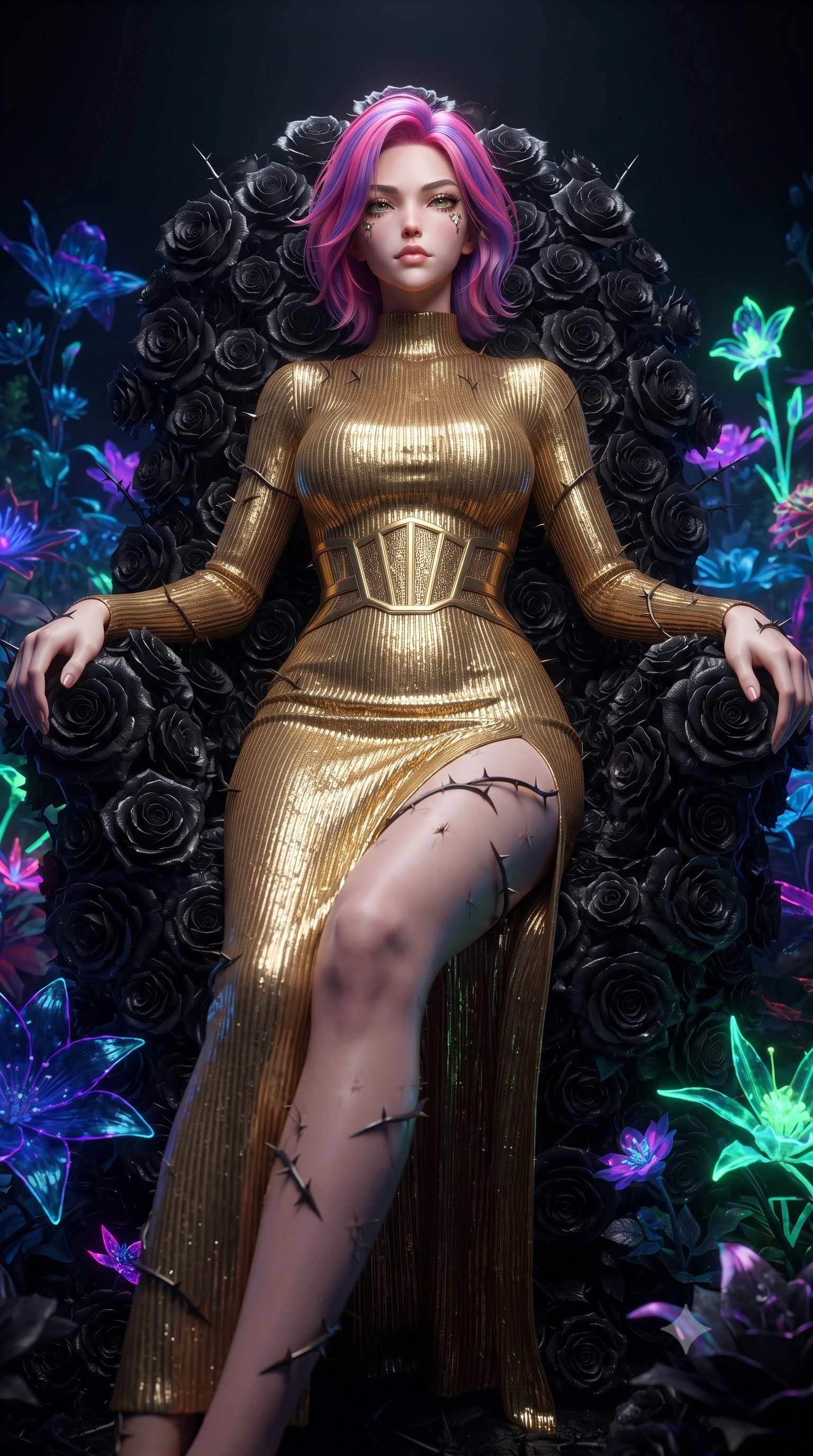 score_9, masterpiece, best quality, ultra-detailed, High-budget Anime Keyframe, editorial fashion photography, tasteful artistic composition, realistic cosplay photography, Caucasian woman, strictly human ears. Low angle cowboy shot filling the entire 9:16 frame with her statuesque presence. Scenario 327: resting on a throne of black roses, thorns grazing her skin, in a virtual garden where neon flowers bloom in the dark. Her presence is magnetic and overpowering in this high-budget cinematic scene. Outfit 327: a tailored ribbed bodycon knit gold with a thigh-high slit and wet-look texture. The clothing is designed to emphasize her exceptionally tall and slender 8-heads proportion. 8-heads proportion, towering silhouette, ultra-slim waist. sharp v-shaped jawline, intricate jewel-like eyes with depth, thick eyelashes, glossy lips. ultra-reflective glossy finish, specular highlights, metallic sheen, high-contrast stereoscopic depth, volumetric dynamic lighting, 2k, ultra detail, master piece, 9:16 ratio