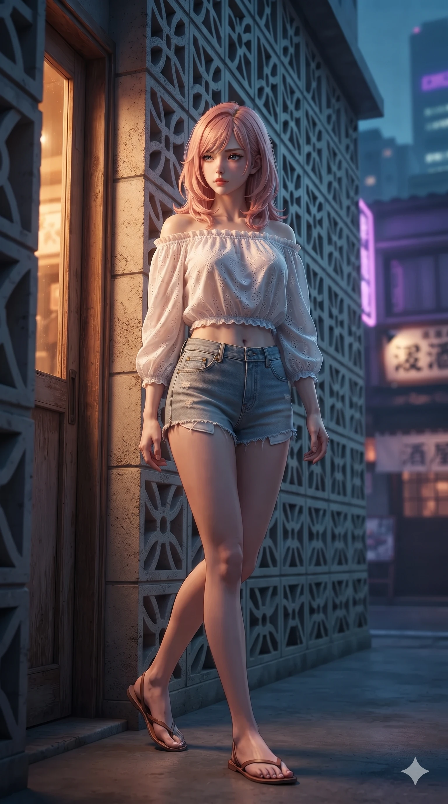 score_9, masterpiece, best quality, ultra-detailed, high-budget anime keyframe, editorial fashion photography, tasteful artistic composition, Japanese woman. low angle full-body shot from head to toe showing her feet, filling the entire 9:16 vertical frame with her statuesque presence, stretching her vertical silhouette. stepping slowly toward the camera with hypnotic grace, hips swaying in an alluring sensual rhythm that accentuates her curvy hourglass silhouette and long slender legs while standing in a tall, confident posture beside a decorative geometric breeze-block wall, stretching her statuesque body as she arches her lower back to emphasize her curvy hips. The surrounding environment is rendered in vivid detail and crisp panoramic clarity: detailed micro-wrap denim skirt tailoring, silver concho belt accents, and retro roadside architecture in razor-sharp precision. She has an absolutely perfect, statuesque 8.5-heads proportion, an exceptionally tall and slender model-like female figure with impossibly long slender legs, an ultra-slim waist, a flat toned midriff, narrow delicate ribcage, and beautifully sculpted feminine hips creating a graceful, slim hourglass silhouette without any bulky heaviness. sharp v-shaped jawline, high-bridge nose, sparkling eyes with hypnotic seductive depth, thick curled eyelashes, glossy parted lips with a natural dewy peach sheen, alluring bedroom-eyes with an enchanting coquettish smile, exuding magnetic siren charisma and sophisticated glamour, flawlessly proportioned anatomical accuracy, strict slender model proportions, natural body alignment, perfectly sculpted long slender limbs, ultra-slim waistline, clean dynamic posture without body distortion. wearing an off-the-shoulder sheer peasant crop blouse with elastic ruched neckline paired with tight distressed cutoff shorts in blazing desert neon turquoise and fiery magenta, crafted from rugged heavy-duty canvas and oiled leather with authentic desert durability, accented with an open-back drape framed by falling strands of delicate chrome chains, the impeccably tailored cut draping gracefully along her slender figure with aristocratic western poise. bathed in the moody, nostalgic contrast of warm amber door lights and ambient cool twilight neon filtering from the courtyard. ultra-reflective glossy finish, specular highlights, rich textural contrasts, high-contrast stereoscopic depth, volumetric dynamic lighting, 2k, ultra detail, master piece, 9:16 ratio