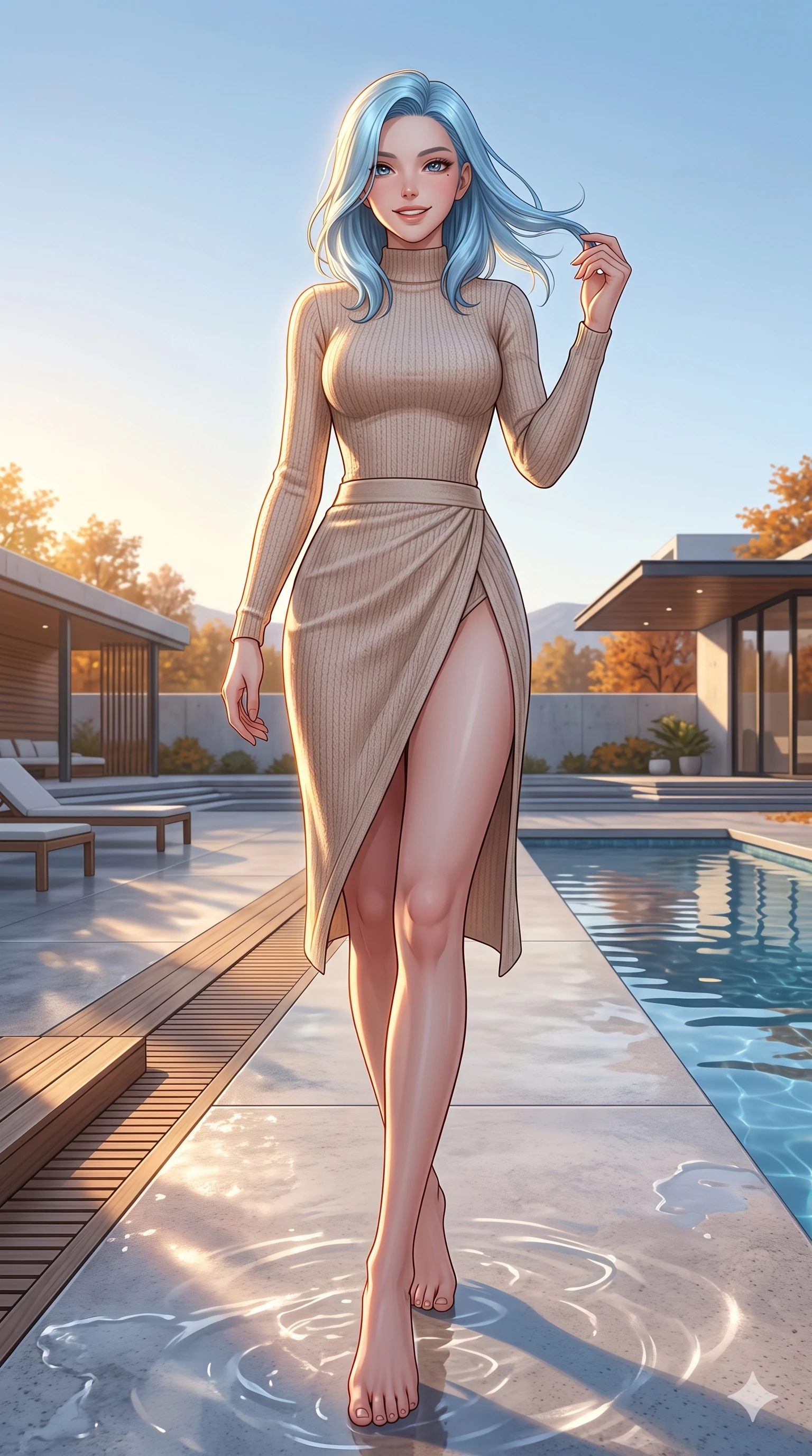 score_9, masterpiece, best quality, ultra-detailed, high-budget anime keyframe, vibrant anime aesthetic, Korean woman. low angle full-body shot from head to toe showing her feet, filling the entire 9:16 vertical frame with her statuesque presence, stretching her vertical silhouette. She is standing tall with a lively smile, her hair blowing gently in the autumn breeze by a private resort pool deck under a clear winter sky (Code-P21-043). She has an absolutely perfect 8-heads proportion, an exceptionally tall and slender female figure with impossibly long slender legs and an ultra-slim waist. V-shaped jawline, high-bridge nose, intricate jewel-like eyes with depth, thick eyelashes, glossy lips with a natural sheen. wearing a bodycon leotard with a high-slit wrap skirt in warm winter knit. She is bathed in soft, radiant golden hour sun casting long, elegant shadows around her. 2k, ultra detail, master piece, 9:16 ratio