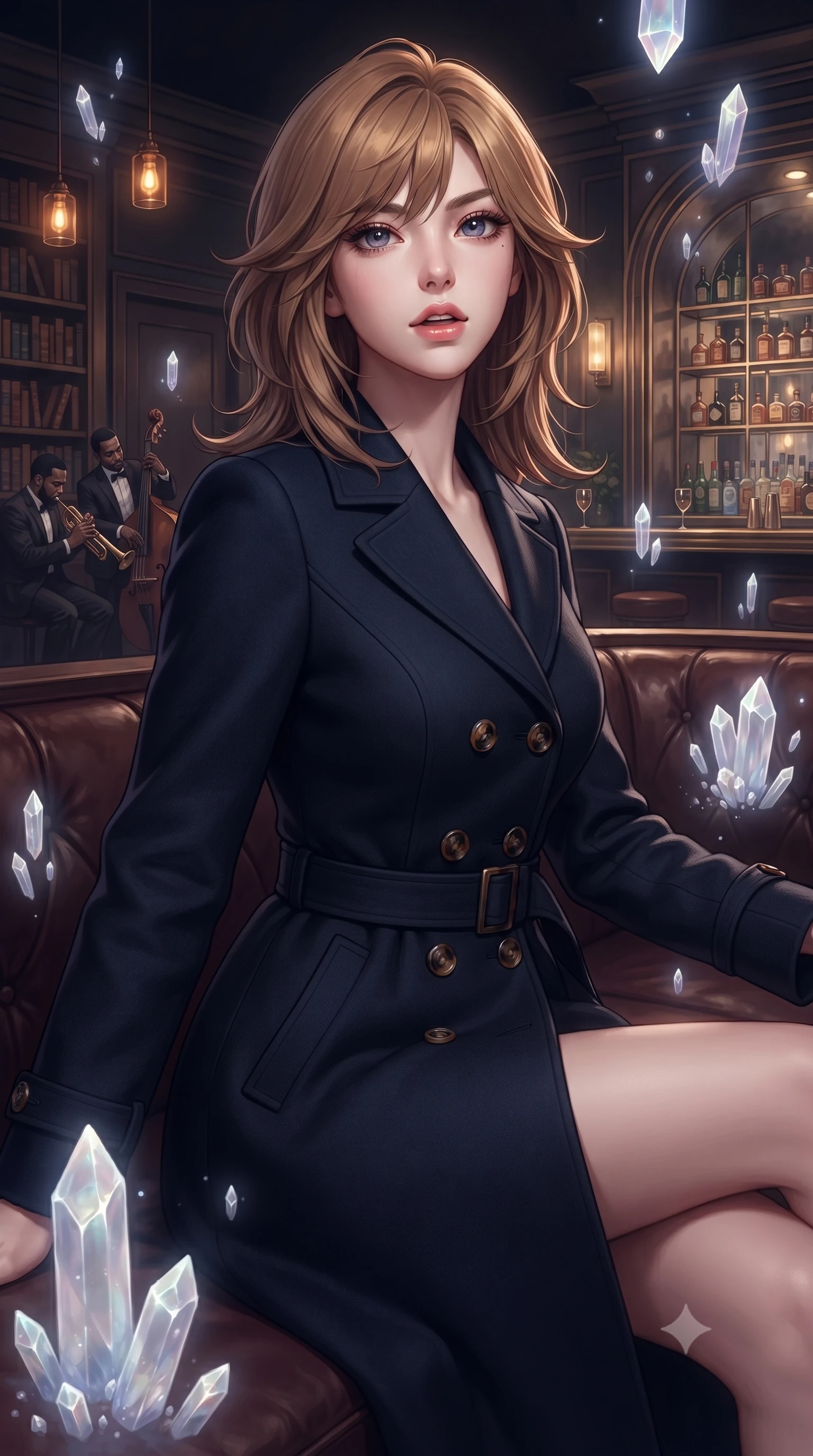 score_9, masterpiece, best quality, ultra-detailed, high-budget anime keyframe, editorial fashion photography, tasteful artistic composition, Korean woman. close-up cowboy shot from the waist and thighs up, the character dominates the composition, filling the frame with her large presence, background elements kept in soft focus. Looking directly at the camera with a bold fearless expression and parted lips. set against a soft-focus background of a hidden underground bar accessed through a secret bookshelf door with dim amber pendant lights a live jazz trio in the corner deep leather booth seating and a gleaming art deco bar with mirrored back shelving. She has an exceptionally elegant and slender, willowy female figure with an ultra-slim waist, a gracefully sculpted slender torso, and a refined slim physique. sharp v-shaped jawline, high-bridge nose, intricate jewel-like eyes with depth, thick eyelashes, glossy lips with a natural sheen. wearing a sophisticated navy wool coat dress with tortoiseshell buttons and a tailored fabric belt. ethereal pearlescent light emanating from floating crystalline formations all around. 2k, ultra detail, master piece, 9:16 ratio