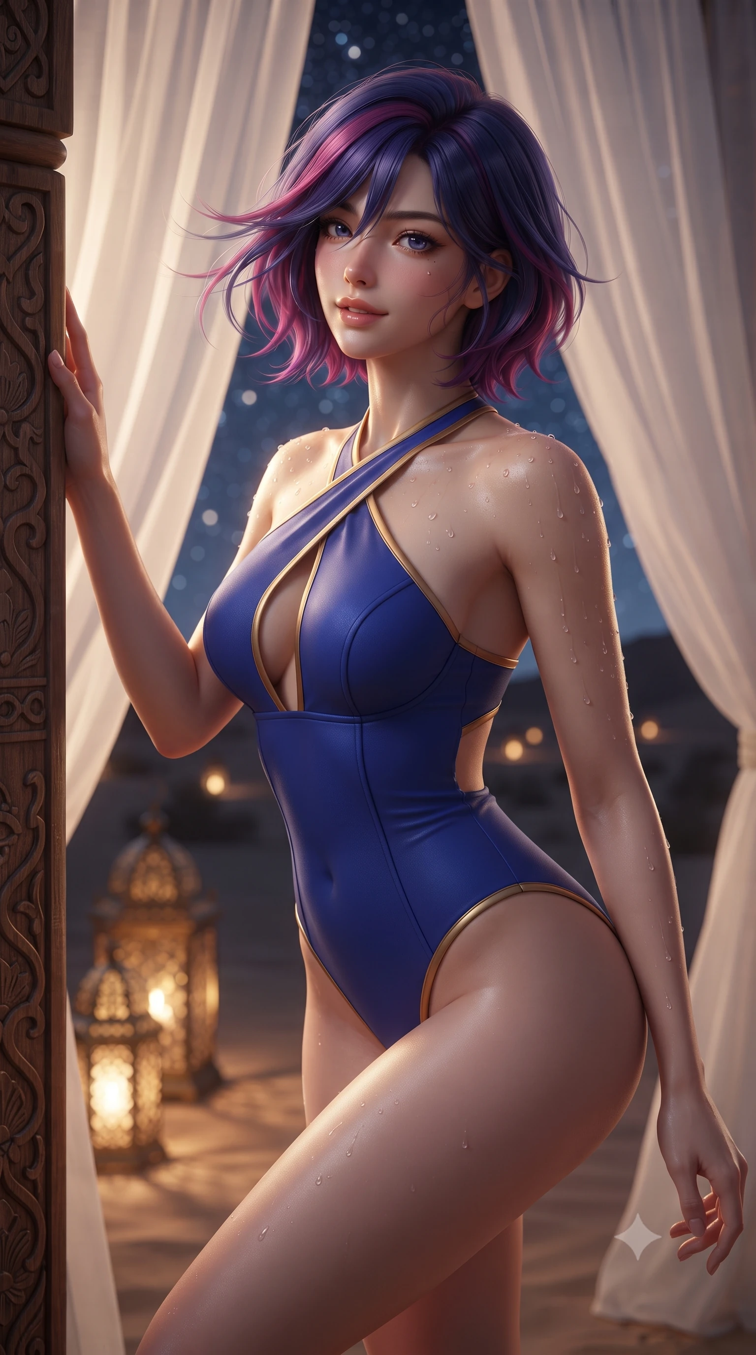 score_9, masterpiece, best quality, ultra-detailed, high-budget anime keyframe, editorial fashion photography, tasteful artistic composition, Korean woman. close-up cowboy shot from the waist and thighs up, the character dominates the composition, filling the frame with her large presence. turning slowly with an enchanting smoldering smile, her glossy hair tossing in the breeze as her hips angle gracefully in a captivating contrapposto while leaning against the carved teak cabana pillar with hips cocked back, looking through billowing linen curtains into the desert night with smoldering eyes. The background shows a soft-focus flowing sheer white linen curtains billowing in desert breeze, glowing pierced brass floor lanterns, and endless desert stars blurred into ivory, amber, and midnight-blue bokeh. She has an exceptionally elegant, slender, and willowy female figure with an ultra-slim waist, flat toned midriff, narrow ribcage, and sculpted feminine hips creating an alluring, slim hourglass silhouette without bulk. sharp v-shaped jawline, high-bridge nose, sparkling eyes with hypnotic seductive depth, thick curled eyelashes, glossy parted lips with a natural dewy peach sheen, alluring bedroom-eyes with an enchanting coquettish smile, exuding magnetic siren charisma and sophisticated glamour, flawlessly proportioned anatomical accuracy, strict slender model proportions, natural body alignment, perfectly sculpted long slender limbs, ultra-slim waistline, clean dynamic posture without body distortion. wearing a criss-cross halterneck keyhole bodysuit with open back and sculpted waist darts in royal lapis lazuli and burnished brass, tailored from fine structural neoprene with crisp architectural edges and smooth contouring, finished with glistening drops of hot spring water beading across her sculpted shoulders and collarbones, the glove-like clinging cut tightly following the natural contour of her hips and long slender legs with youthful 8.5-heads elegance. illuminated by lantern light scatter and sharp starry-platinum rim lights defining her delicate clavicles, ultra-slim waist, and curvy hips. ultra-reflective glossy finish, specular highlights, rich textural contrasts, high-contrast stereoscopic depth, volumetric dynamic lighting, 2k, ultra detail, master piece, 9:16 ratio