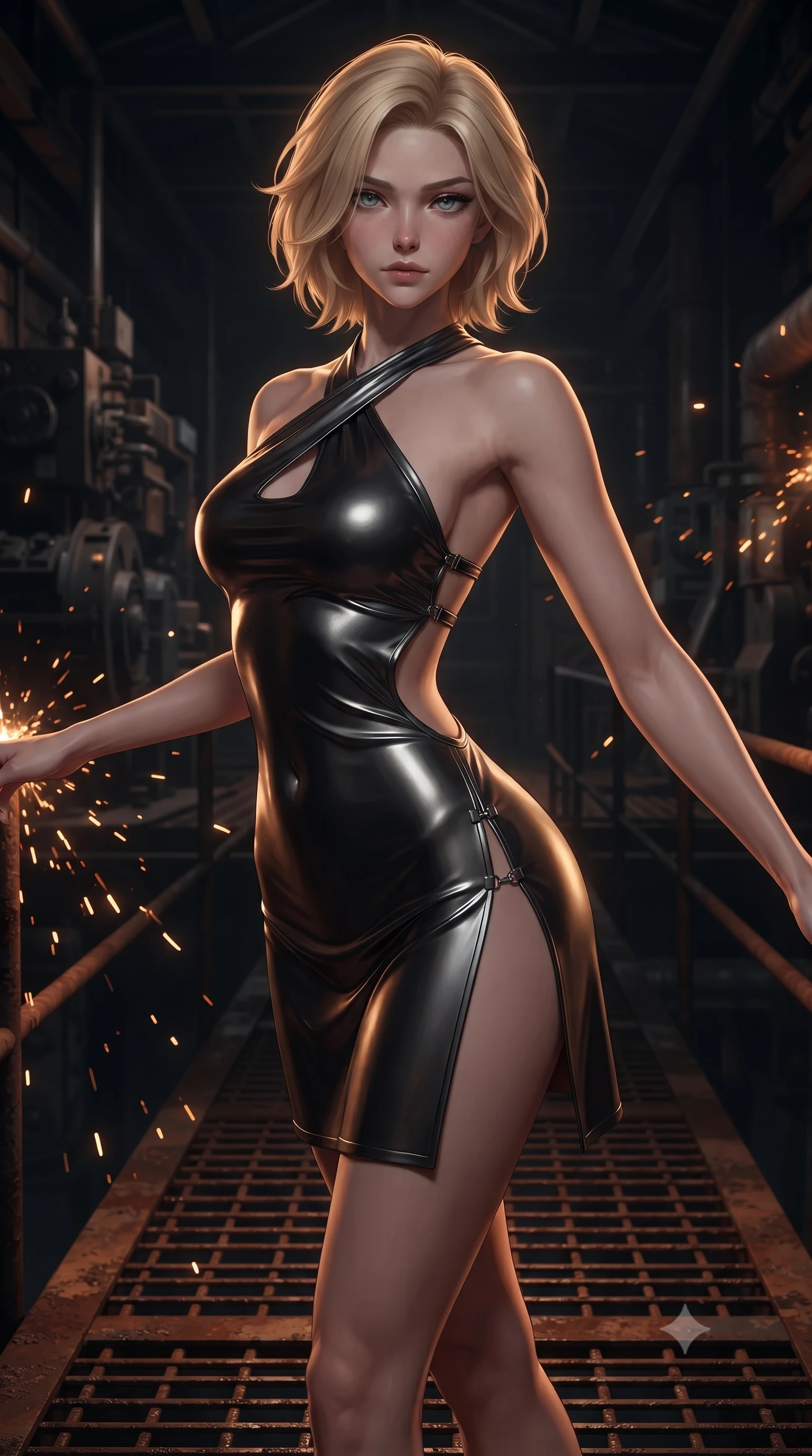 score_9, masterpiece, best quality, ultra-detailed, high-budget anime keyframe, editorial fashion photography, tasteful artistic composition, Caucasian woman. close-up cowboy shot from the waist and thighs up, the character dominates the composition, filling the frame with her large presence. extending one arm gracefully toward the shadows while her torso arches in a sleek, alluring curve with intoxicating, dangerous allure while standing with commanding dangerous allure on a rusted metal grating suspended above a dark factory abyss. The composition keeps background elements in soft focus with creamy bokeh. sparks from severed conduits scattering glowing light motes across a dark industrial backdrop. She has an exceptionally elegant, slender, and willowy female figure with an ultra-slim waist, a gracefully sculpted slender torso, toned flat midriff, and a refined slim silhouette. sharp v-shaped jawline, high-bridge nose, intricate jewel-like eyes with depth, thick eyelashes, glossy lips with a natural sheen, flawlessly proportioned anatomical accuracy, strict slender model proportions, natural body alignment, perfectly sculpted long slender limbs, ultra-slim waistline, clean dynamic posture without body distortion. wearing a molten gunmetal liquid-metal mini dress featuring deep side-waist cutouts and a daring crossover halter neckline in dark obsidian black with polished gunmetal accents, made of liquid metal jersey that clings flawlessly to every contour of her build, finished with an ultra-high side slit secured by miniature magnetic clasps, the glove-like aerodynamic second-skin fit tightly clinging to her ultra-slender waist and athletic curves without adding bulk, accentuating her razor-sharp statuesque lines and slim hourglass silhouette. bathed in high-contrast amber-orange hazard backlighting and cool shadow fill. ultra-reflective glossy finish, specular highlights, dark metallic sheen, deep chiaroscuro contrast, volumetric dynamic shadow lighting, 2k, ultra detail, master piece, 9:16 ratio