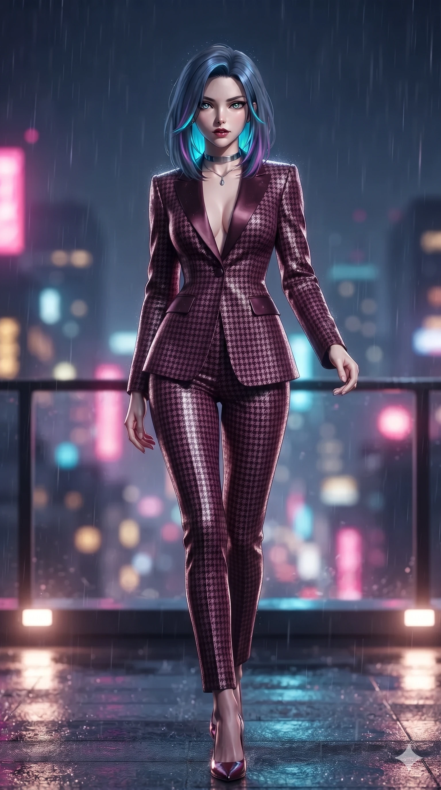 score_9, masterpiece, best quality, ultra-detailed, high-budget anime keyframe, editorial fashion photography, tasteful artistic composition, Caucasian woman. low angle full-body shot from head to toe showing her feet, filling the entire 9:16 vertical frame with her statuesque presence, stretching her vertical silhouette. stepping forward into the rain-streaked neon light, head tilted slightly as her smoldering gaze captivates the lens while twisting her slender torso in an alluring contrapposto stance, night breezes fluttering her gown and tracing her narrow waist and curvy hips. The background shows a soft-focus panoramic Tokyo skyline at midnight softened in penthouse rooftop shallow focus. She has an exceptionally tall and slender model-like 8.5-heads proportion, an ultra-slim waist, a flat toned midriff, narrow delicate ribcage, and beautifully sculpted feminine hips creating a graceful, slim hourglass silhouette without any bulky heaviness, with impossibly long slender legs. sharp v-shaped jawline, high-bridge nose, intricate jewel-like dark sparkling eyes with dangerous depth, thick curled eyelashes, glossy parted lips with a rich wine sheen, smoldering seductive half-smile with bedroom-eyes, exuding effortless superiority and intoxicating dark allure, flawlessly proportioned anatomical accuracy, strict slender model proportions, natural body alignment, perfectly sculpted long slender limbs, ultra-slim waistline, clean dynamic posture without body distortion. wearing a structured high-neck houndstooth tailored pantsuit with liquid satin lapels in dark mulberry wine and antique champagne, woven from bespoke high-density barathea wool with refined ceremonial hold, finished with a minimalist chrome choker and a single teardrop pendant, the bespoke structured tailoring following the natural line of her 8.5-heads silhouette with refined elegance. illuminated by terrace accent uplights and sharp rose-gold rim lights sculpting her razor-sharp jawline, narrow waist, and curvy hips. ultra-reflective glossy finish, specular highlights, rich textural contrasts, high-contrast stereoscopic depth, volumetric dynamic lighting, 2k, ultra detail, master piece, 9:16 ratio