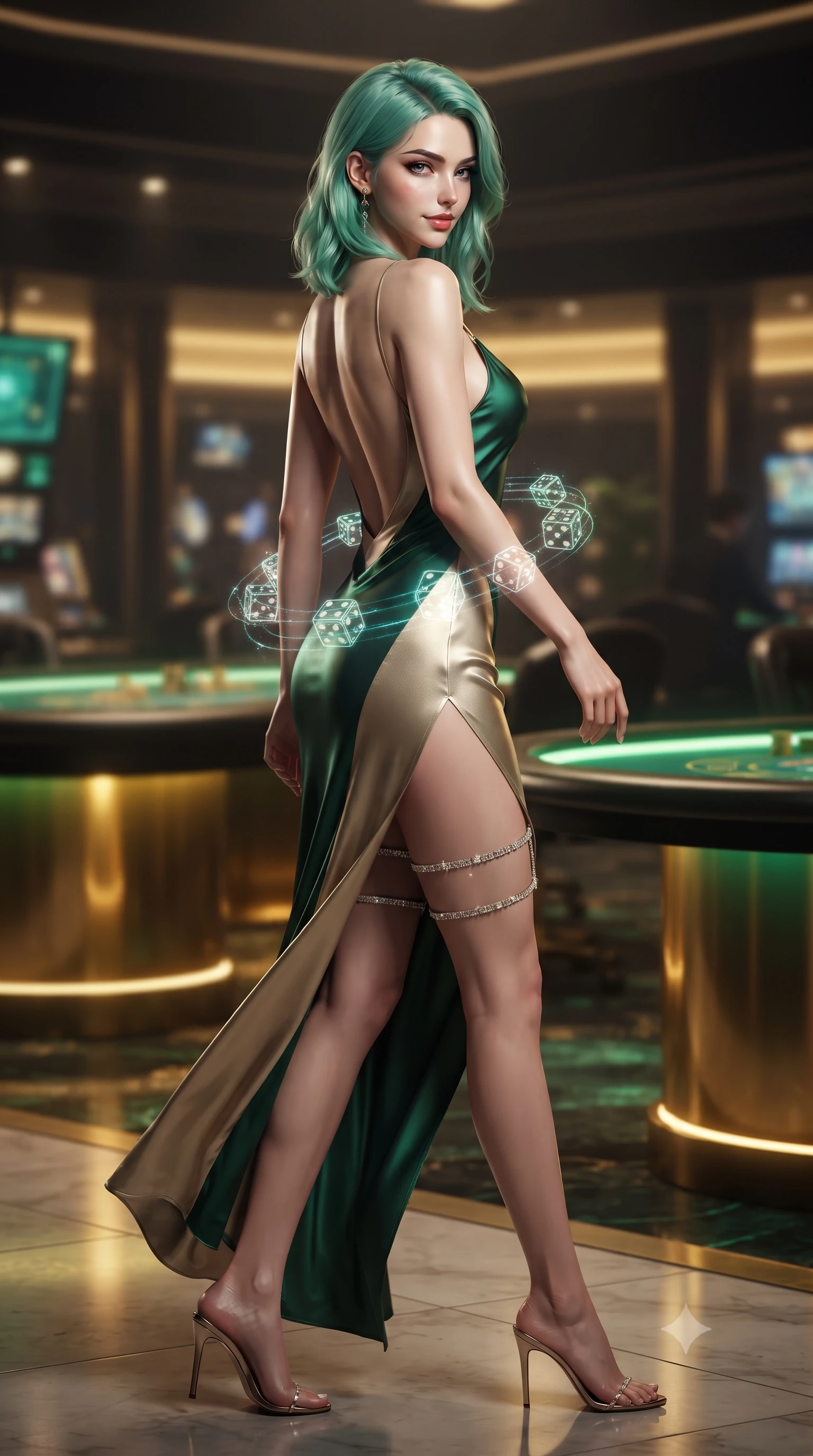 score_9, masterpiece, best quality, ultra-detailed, high-budget anime keyframe, editorial fashion photography, tasteful artistic composition, Japanese woman. low angle full-body shot from head to toe showing her feet, filling the entire 9:16 vertical frame with her statuesque presence, stretching her vertical silhouette. walking along the terrace with poise, looking back over her bare shoulder with an irresistible smoldering bedroom-gaze while twisting her slender torso in an alluring contrapposto stance, spinning holographic dice projections tracing her narrow waist, midriff, and hips. The background shows a soft-focus high-roller cocktail tables softened in opulent cyberpunk shallow focus. She has an absolutely perfect, statuesque 8.5-heads proportion, an exceptionally tall and slender model-like female figure with impossibly long slender legs, an ultra-slim waist, a flat toned midriff, narrow delicate ribcage, and beautifully sculpted feminine hips creating a graceful, slim hourglass silhouette without any bulky heaviness. sharp v-shaped jawline, high-bridge nose, sparkling eyes with hypnotic seductive depth, thick curled eyelashes, glossy parted lips with a natural dewy peach sheen, alluring bedroom-eyes with an enchanting coquettish smile, exuding magnetic siren charisma and sophisticated glamour, flawlessly proportioned anatomical accuracy, strict slender model proportions, natural body alignment, perfectly sculpted long slender limbs, ultra-slim waistline, clean dynamic posture without body distortion. wearing a form-contouring gossamer silk chiffon slip dress with a hip-high slit and open back, clinging smoothly with dewy moisture in casino emerald green and metallic champagne gold with ruby glints, made of semi-opaque stretch illusion mesh with soft shadowy contours, finished with delicate crystal-encrusted thigh garter straps glinting under the lights, the precision-cut side openings and low-back scoop framing her graceful spine and the sensual sweep of her slim, toned hips. bathed in intense gold and emerald illumination radiating from under-lit gaming tables. ultra-reflective glossy finish, specular highlights, rich textural contrasts, high-contrast stereoscopic depth, volumetric dynamic lighting, 2k, ultra detail, master piece, 9:16 ratio