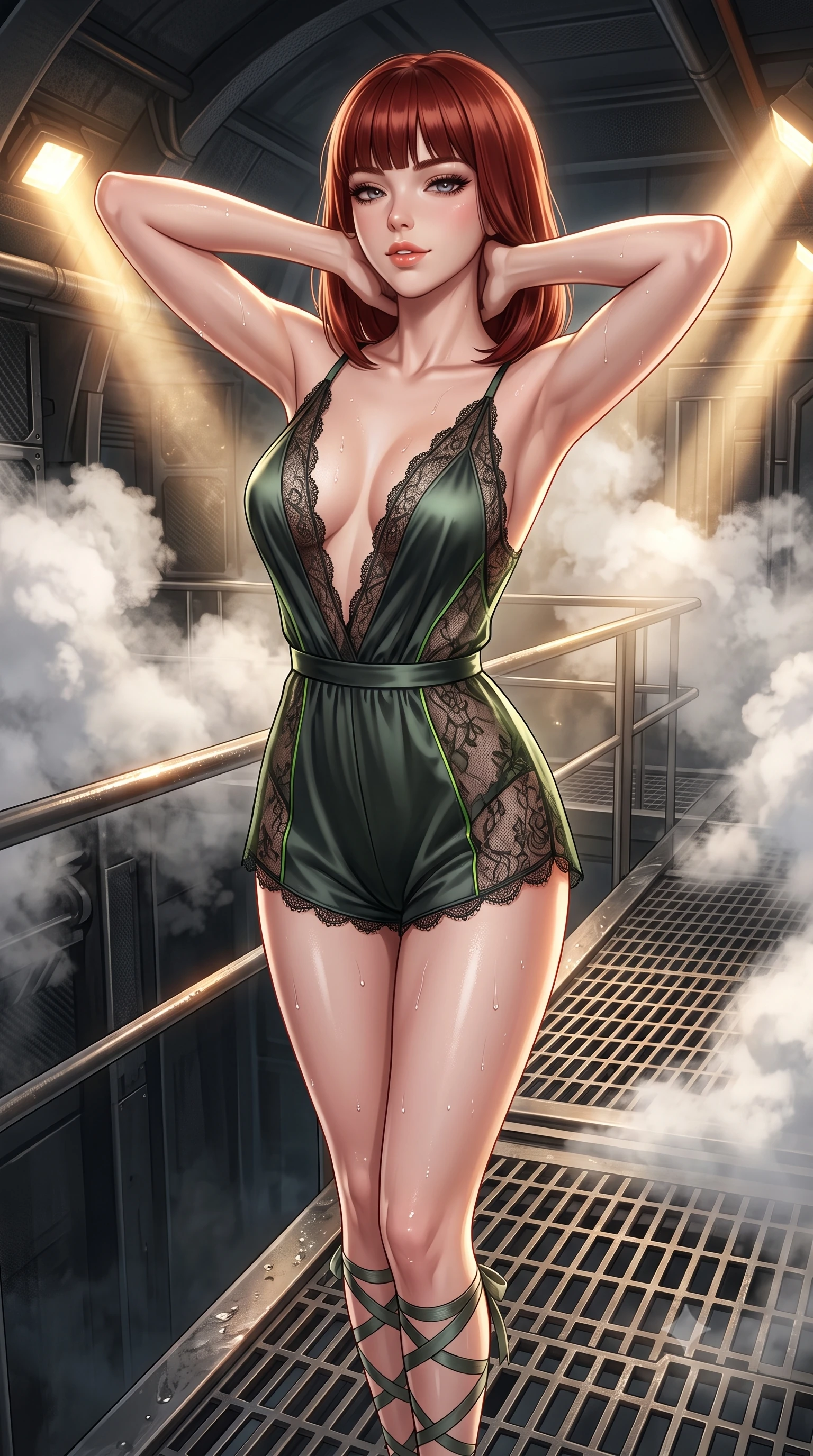 score_9, masterpiece, best quality, ultra-detailed, high-budget anime keyframe, semi-realistic 3D game render, editorial fashion photography, tasteful artistic composition, Caucasian woman. close-up cowboy shot from the waist and thighs up, the character dominates the composition, filling the frame with her large presence. resting both hands lightly behind her neck with elbows raised, arching her spine to highlight her narrow waist, flat midriff, and breathtaking collarbones while standing poised on the industrial metal grating catwalk high above the silo chasm, arching her back with breathless operative glamour. The surrounding environment is rendered in vivid detail and crisp panoramic clarity: detailed carbon-fiber armor insert weave, dewy steam droplets on skin, and heavy bunker engineering in razor-sharp resolution. She has an exceptionally elegant, slender, and willowy female figure with an ultra-slim waist, flat toned midriff, narrow ribcage, and sculpted feminine hips creating an alluring, slim hourglass silhouette without bulk. sharp v-shaped jawline, high-bridge nose, sparkling eyes with hypnotic seductive depth, thick curled eyelashes, glossy parted lips with a natural dewy peach sheen, alluring bedroom-eyes with an enchanting coquettish smile, exuding magnetic siren charisma and sophisticated glamour, flawlessly proportioned anatomical accuracy, strict slender model proportions, natural body alignment, perfectly sculpted long slender limbs, ultra-slim waistline, clean dynamic posture without body distortion. wearing a deep V-neck silk satin ballerina romper with scalloped eyelash-lace hems and a cinched satin waist ribbon in stealth night-vision green and carbon charcoal with neon accents, made of delicate semi-sheer French Chantilly lace with intricate eyelash edges, finished with delicate satin ballet ribbon ties criss-crossing up her slender calves to the knee, the glove-like clinging cut tightly following the natural contour of her hips and long slender legs with youthful 8.5-heads elegance. bathed in warm halogen work-lights cutting through dramatic shafts of white pressurized steam. highly saturated vibrant anime colors, detailed shading with soft gradients, rich glossy textures, high-contrast stereoscopic depth, volumetric dynamic lighting, master piece, 9:16 ratio