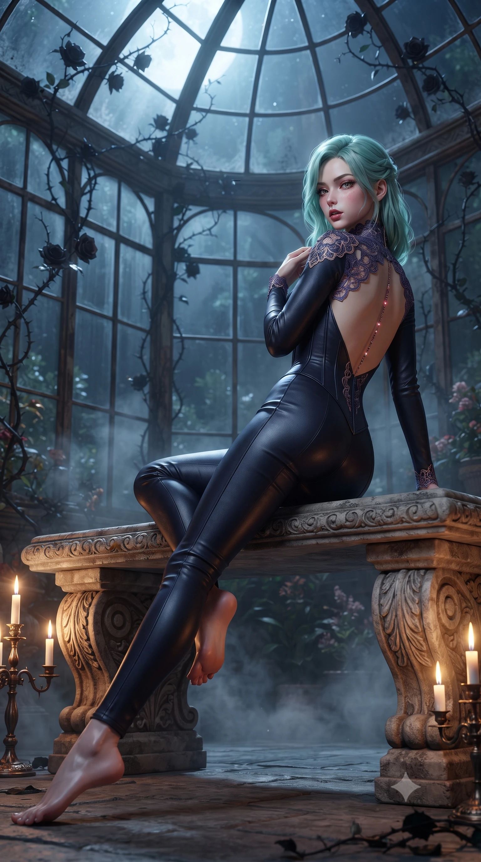 score_9, masterpiece, best quality, ultra-detailed, high-budget anime keyframe, editorial fashion photography, tasteful artistic composition, Japanese woman. low angle full-body shot from head to toe showing her feet, filling the entire 9:16 vertical frame with her statuesque presence, stretching her vertical silhouette. pivoting dynamically with supreme athletic balance, her impossibly long slender legs and ultra-slim waist creating a mesmerizing vertical line while reclining languidly on an antique stone bench in a moonlit glasshouse orangerie as thorny black rose vines climb the iron rafters. The composition keeps background elements in soft focus with creamy bokeh. flickering antique candelabras and swirling garden mist softened in dreamy romantic shallow focus. She has an absolutely perfect, statuesque 8.5-heads proportion, an exceptionally tall and slender model-like female figure with impossibly long slender legs, a toned flat midriff, and an ultra-slim waist. sharp v-shaped jawline, high-bridge nose, intricate jewel-like eyes with depth, thick eyelashes, glossy parted lips with a natural sheen, intensely captivating and seductive expression, flawlessly proportioned anatomical accuracy, strict slender model proportions, natural body alignment, perfectly sculpted long slender limbs, ultra-slim waistline, clean dynamic posture without body distortion. wearing a second-skin midnight leather catsuit featuring an open back and delicate lace-patterned collar in royal indigo and antique rose gold, made of fluid silk crepe with delicate inner corsetry boning, accented with a glittering ruby back chain tracing her bare spine, the glove-like aerodynamic second-skin fit tightly clinging to her ultra-slender waist and feminine curves without adding bulk. bathed in cold lunar moonlight from above and warm flickering candle uplights from below. ultra-reflective glossy finish, specular highlights, rich textural contrasts, high-contrast stereoscopic depth, volumetric dynamic lighting, 2k, ultra detail, master piece, 9:16 ratio