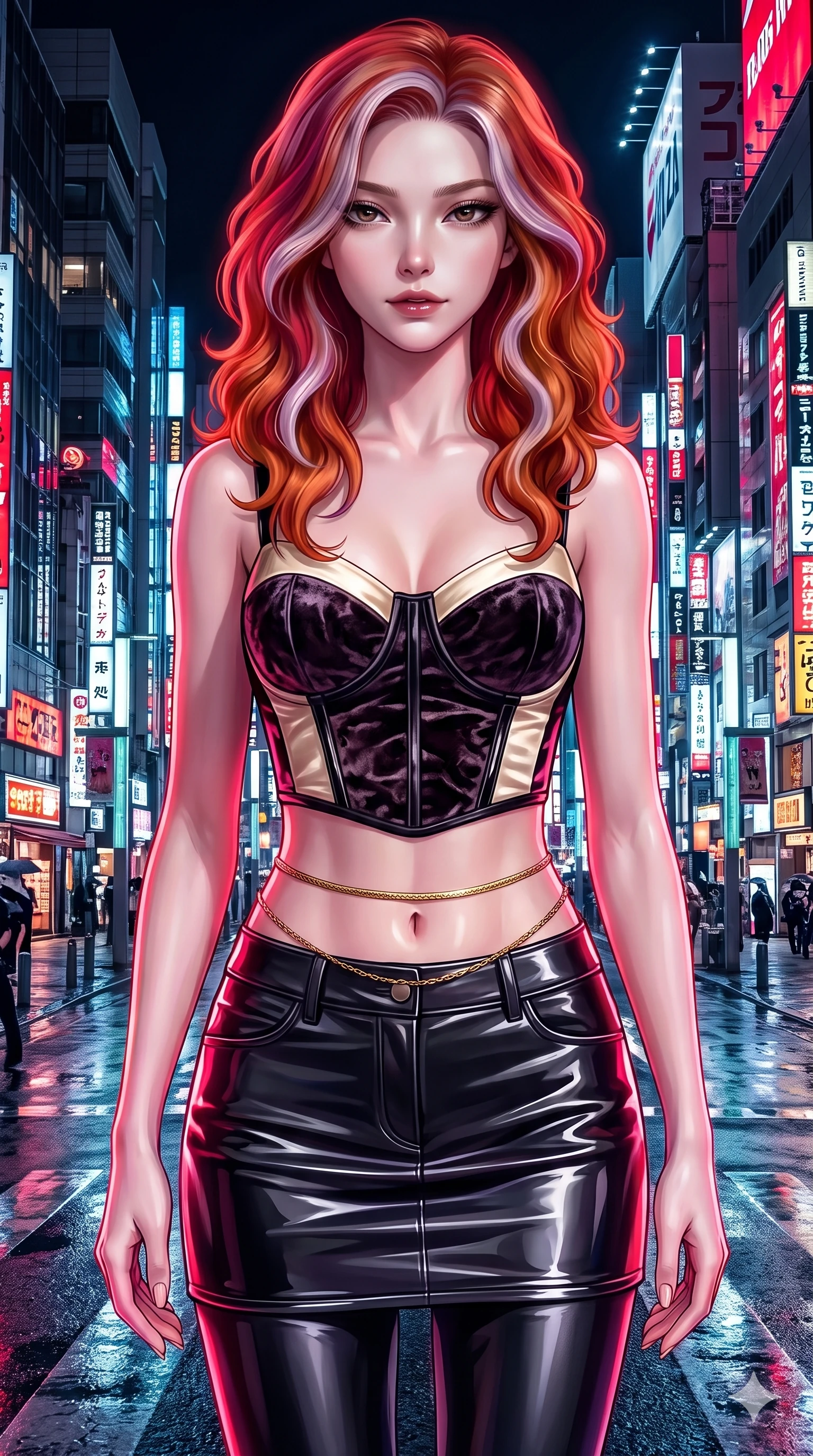 score_9, masterpiece, best quality, ultra-detailed, high-budget anime keyframe, semi-realistic 3D game render, editorial fashion photography, tasteful artistic composition, Caucasian woman. close-up cowboy shot from the waist and thighs up, the character dominates the composition, filling the frame with her large presence. glancing down over lowered lashes before meeting the camera with quiet, devastating intensity, her tailored outfit tracing her ultra-slim waist and hips while glancing down over lowered lashes before meeting the camera with quiet, devastating intensity, her tailored outfit tracing her ultra-slim waist and hips. The surrounding environment is rendered in vivid detail and crisp panoramic clarity: detailed liquid-look vinyl mini dress tailoring, gold snake chain belt, and urban Ginza architecture in razor-sharp precision. She has an exceptionally elegant, slender, and willowy female figure with an ultra-slim waist, flat toned midriff, narrow ribcage, and sculpted feminine hips creating an alluring, slim hourglass silhouette without bulk. sharp v-shaped jawline, high-bridge nose, intricate jewel-like dark sparkling eyes with dangerous depth, thick curled eyelashes, glossy parted lips with a rich wine sheen, smoldering seductive half-smile with bedroom-eyes, exuding effortless superiority and intoxicating dark allure, flawlessly proportioned anatomical accuracy, strict slender model proportions, natural body alignment, perfectly sculpted long slender limbs, ultra-slim waistline, clean dynamic posture without body distortion. wearing a cropped structured bodice top paired with ultra-fitted high-waisted leather trousers tracing her hips in celestial champagne ivory and high-gloss jet black, tailored from crushed dark velvet with deep light-absorbing plush texture, accented with a dainty gold belly chain resting across her flat midriff and curving hips, the bespoke structured tailoring following the natural line of her 8.5-heads silhouette with refined elegance. illuminated by wet pavement neon puddle bounce and sharp scarlet-magenta rim lights sculpting her razor-sharp jawline, narrow waist, and curvy hips. highly saturated vibrant anime colors, detailed shading with soft gradients, rich glossy textures, high-contrast stereoscopic depth, volumetric dynamic lighting, master piece, 9:16 ratio