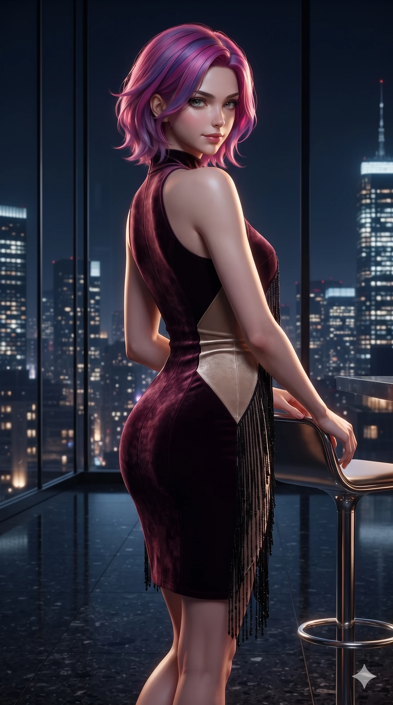 score_9, masterpiece, best quality, ultra-detailed, high-budget anime keyframe, editorial fashion photography, tasteful artistic composition, Caucasian woman. close-up cowboy shot from the waist and thighs up, the character dominates the composition, filling the frame with her large presence. posing in an alluring rear three-quarter angle, turning over a bare shoulder with an intoxicating, smoldering gaze, her hips cocked back to highlight her slim hourglass curve while twisting her slender torso in an alluring S-curve beside the sleek cocktail perch, midnight city lights reflecting off her flat midriff and hips. The surrounding environment is rendered in vivid detail and crisp panoramic clarity: sharp floor-to-ceiling glass mullions, polished dark terrazzo floor reflections, and crisp distant skyscrapers in deep focus. She has an exceptionally elegant, slender, and willowy female figure with an ultra-slim waist, flat toned midriff, narrow ribcage, and sculpted feminine hips creating an alluring, slim hourglass silhouette without bulk. sharp v-shaped jawline, high-bridge nose, intricate jewel-like dark sparkling eyes with dangerous depth, thick curled eyelashes, glossy parted lips with a rich wine sheen, smoldering seductive half-smile with bedroom-eyes, exuding effortless superiority and intoxicating dark allure, flawlessly proportioned anatomical accuracy, strict slender model proportions, natural body alignment, perfectly sculpted long slender limbs, ultra-slim waistline, clean dynamic posture without body distortion. wearing a bespoke structured mock-neck evening sheath dress with crisp geometric seams in dark mulberry wine and antique champagne, tailored from crushed dark velvet with deep light-absorbing plush texture, accented with fine jet-black beaded tassels that sway with each movement, the bespoke structured tailoring following the natural line of her 8.5-heads silhouette with refined elegance. illuminated by panoramic exterior city light bounce and sharp amber-sapphire rim lights defining her razor-sharp jawline, narrow waist, and curvy hips. ultra-reflective glossy finish, specular highlights, rich textural contrasts, high-contrast stereoscopic depth, volumetric dynamic lighting, 2k, ultra detail, master piece, 9:16 ratio