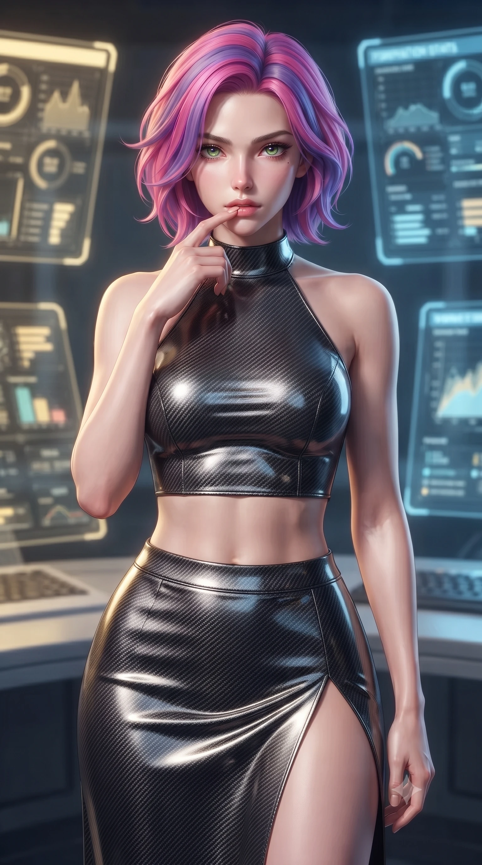 score_9, masterpiece, best quality, ultra-detailed, high-budget anime keyframe, editorial fashion photography, tasteful artistic composition, Caucasian woman. close-up cowboy shot from the waist and thighs up, the character dominates the composition, filling the frame with her large presence, background elements kept in soft focus. pressing one finger to her bottom lip in a thoughtful, composed gesture, locking eyes with the viewer, the background shows a soft-focus a console room with holographic terminal displays and status charts. She has an exceptionally elegant, slender, and willowy female figure with an ultra-slim waist, a gracefully sculpted slender torso, and a refined silhouette. sharp v-shaped jawline, high-bridge nose, intricate jewel-like eyes with depth, thick eyelashes, glossy lips with a natural sheen. wearing a tailored carbon-fiber halter-neck crop top paired with a matching high-slit midi skirt, revealing her slim waist. soft yellow terminal glare contrasting with cool blue simulation space. ultra-reflective glossy finish, specular highlights, metallic sheen, high-contrast stereoscopic depth, volumetric dynamic lighting, 2k, ultra detail, master piece, 9:16 ratio