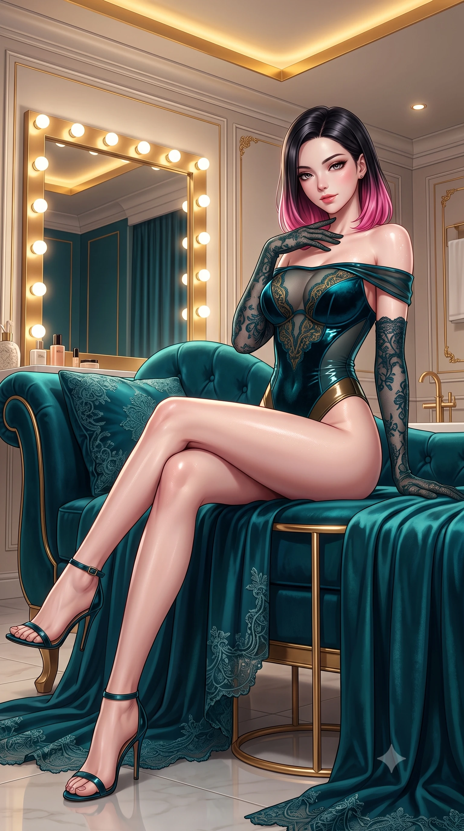 score_9, masterpiece, best quality, ultra-detailed, high-budget anime keyframe, semi-realistic 3D game render, editorial fashion photography, tasteful artistic composition, Korean woman. low angle full-body shot from head to toe showing her feet, filling the entire 9:16 vertical frame with her statuesque presence, stretching her vertical silhouette. reclining gracefully across the plush velvet chaise lounge with one leg extended, her sculpted silhouette and flat midriff radiating magnetic nocturnal glamour while sitting perched sideways on the velvet vanity stool with legs crossed, one hand touching her throat while casting a magnetic, heavy-lidded glance. The surrounding environment is rendered in vivid detail and crisp panoramic clarity: detailed lace embroidery, dewy post-bath skin texture, and bespoke bathroom architecture in razor-sharp precision. She has an absolutely perfect, statuesque 8.5-heads proportion, an exceptionally tall and slender model-like female figure with impossibly long slender legs, an ultra-slim waist, a flat toned midriff, narrow delicate ribcage, and beautifully sculpted feminine hips creating a graceful, slim hourglass silhouette without any bulky heaviness. sharp v-shaped jawline, high-bridge nose, sparkling eyes with hypnotic seductive depth, thick curled eyelashes, glossy parted lips with a natural dewy peach sheen, alluring bedroom-eyes with an enchanting coquettish smile, exuding magnetic siren charisma and sophisticated high-fashion glamour, flawlessly proportioned anatomical accuracy, strict slender model proportions, natural body alignment, perfectly sculpted long slender limbs, ultra-slim waistline, clean dynamic posture without body distortion. wearing an off-the-shoulder sheer-illusion mesh bodysuit with strategically placed velvet flocking and high-cut leg openings in deep peacock teal and burnished antique brass, crafted from wet-look high-gloss vinyl fabric with dazzling specular surface reflections, complemented by sheer opera-length lace evening gloves tracing her slender arms, the glove-like clinging cut tightly following the natural contour of her hips and long slender legs with youthful 8.5-heads elegance. bathed in warm 2700K Hollywood-style perimeter mirror lighting and ambient gold cove glow. highly saturated vibrant anime colors, detailed shading with soft gradients, rich glossy textures, high-contrast stereoscopic depth, volumetric dynamic lighting, master piece, 9:16 ratio