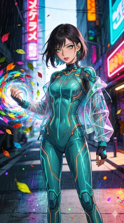 score_9, masterpiece, best quality, ultra-detailed, High-budget Anime Keyframe, beautiful Korean anime girl. Low angle cowboy shot filling the entire 9:16 frame with her statuesque presence. Summoning a vortex of colorful leaves in a futuristic Tokyo