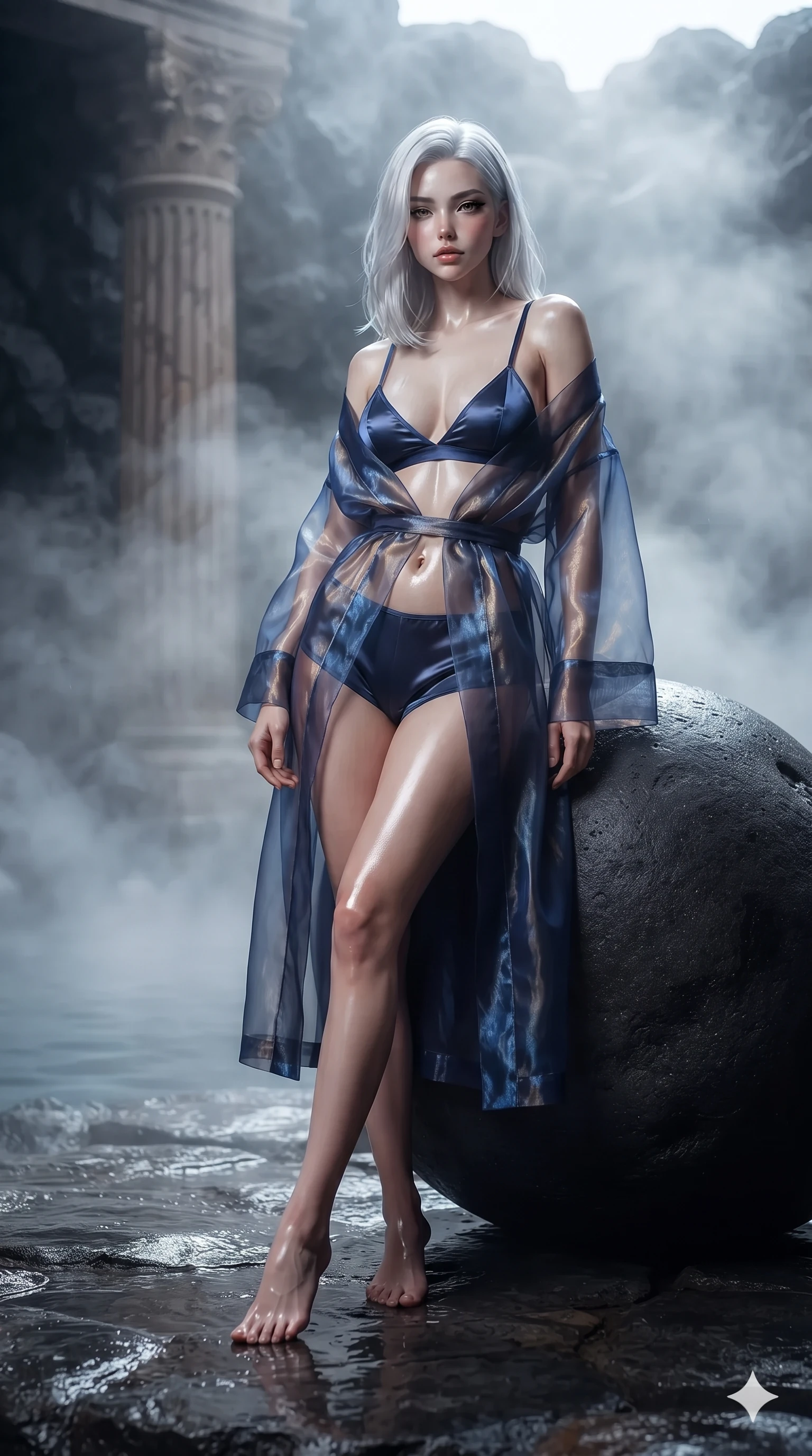 score_9, masterpiece, best quality, ultra-detailed, high-budget anime keyframe, editorial fashion photography, tasteful artistic composition, Korean woman. low angle full-body shot from head to toe showing her feet, filling the entire 9:16 vertical frame with her statuesque presence, stretching her vertical silhouette. standing tall beside the carved palazzo column, one hand resting high while arching her lower back to emphasize her sculpted feminine hips and slender waist while leaning against a smooth volcanic rock boulder with hips cocked back, looking through floating steam eddies with heavy-lidded seductive eyes. The background shows a soft-focus geothermal steam haze softened in volcanic rock lagoon shallow focus. She has an exceptionally tall and slender model-like 8.5-heads proportion, an ultra-slim waist, a flat toned midriff, narrow delicate ribcage, and beautifully sculpted feminine hips creating a graceful, slim hourglass silhouette without any bulky heaviness, with impossibly long slender legs. sharp v-shaped jawline, high-bridge nose, intricate jewel-like sparkling eyes with depth, thick eyelashes, glossy parted lips with a natural sheen, intensely captivating and seductive bedroom-eyes expression, exuding both youthful cute charm and sovereign luxury allure, flawlessly proportioned anatomical accuracy, strict slender model proportions, natural body alignment, perfectly sculpted long slender limbs, ultra-slim waistline, clean dynamic posture without body distortion. wearing a translucent iridescent organza kimono robe slipping off bare shoulders over a matching satin micro-bralette and micro-shorts in midnight sapphire blue and liquid platinum, crafted from translucent silk organza with an ethereal crystalline sheen, featuring an open-back criss-cross harness strap in dark leather, the liquid-tight tailored fabric clinging flawlessly to her narrow waist and rounded feminine hips, emphasizing every millimeter of her sculpted slim hourglass curves without any bulky heaviness. illuminated by wet stone reflection bounce and sharp silver-amber rim lights sculpting her razor-sharp jawline, narrow waist, and curvy hips. ultra-reflective glossy finish, specular highlights, rich textural contrasts, high-contrast stereoscopic depth, volumetric dynamic lighting, 2k, ultra detail, master piece, 9:16 ratio