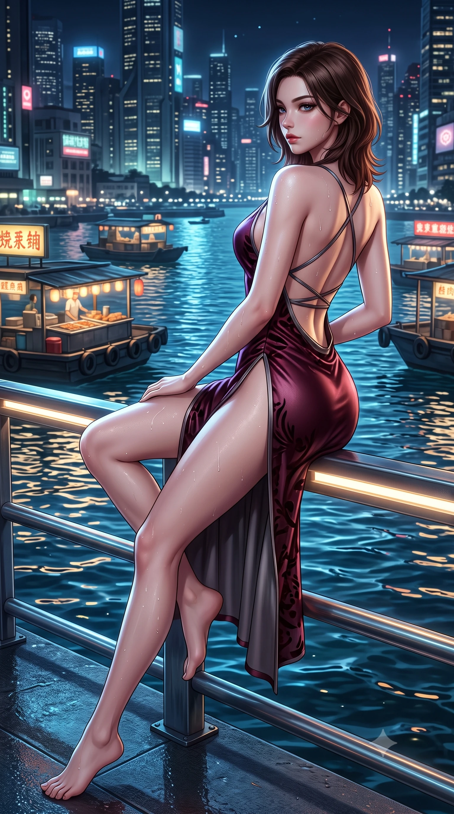 score_9, masterpiece, best quality, ultra-detailed, high-budget anime keyframe, semi-realistic 3D game render, editorial fashion photography, tasteful artistic composition, Korean woman. low angle full-body shot from head to toe showing her feet, filling the entire 9:16 vertical frame with her statuesque presence, stretching her vertical silhouette. reclining on her side in an elegant Cleopatra pose with one knee drawn up, the dramatic contour of her rounded hips and long slender legs commanding the 9:16 vertical frame while leaning against the illuminated harbor railing with hips cocked, casting a smoky, dangerous bedroom-gaze past floating street food barges. The surrounding environment is rendered in vivid detail and crisp panoramic clarity. detailed wet-look dress sheen, sea mist droplets on skin, and futuristic urban density in high resolution. She has an exceptionally tall and slender model-like 8.5-heads proportion, an ultra-slim waist, a flat toned midriff, narrow delicate ribcage, and beautifully sculpted feminine hips creating a graceful, slim hourglass silhouette without any bulky heaviness, with impossibly long slender legs. sharp v-shaped jawline, high-bridge nose, intricate jewel-like eyes with depth, thick eyelashes, glossy parted lips with a natural sheen, intensely captivating and seductive bedroom-eyes expression, flawlessly proportioned anatomical accuracy, strict slender model proportions, natural body alignment, perfectly sculpted long slender limbs, ultra-slim waistline, clean dynamic posture without body distortion. wearing a backless cowl-neck satin slip dress featuring high-cut side hip slits and delicate criss-cross back straps in deep wine burgundy and brushed dark platinum, made of sheer contouring power-mesh with velvet flocking patterns, finished with criss-cross back satin straps highlighting her graceful shoulder blades, the glove-like aerodynamic silhouette tightly following the natural contour of her hips and long slender legs with statuesque 8.5-heads elegance. illuminated by rippling harbor water specular reflections accentuating her sculpted midriff, narrow waist, and curvy hips. highly saturated vibrant anime colors, detailed shading with soft gradients, rich glossy textures, high-contrast stereoscopic depth, volumetric dynamic lighting, master piece, 9:16 ratio