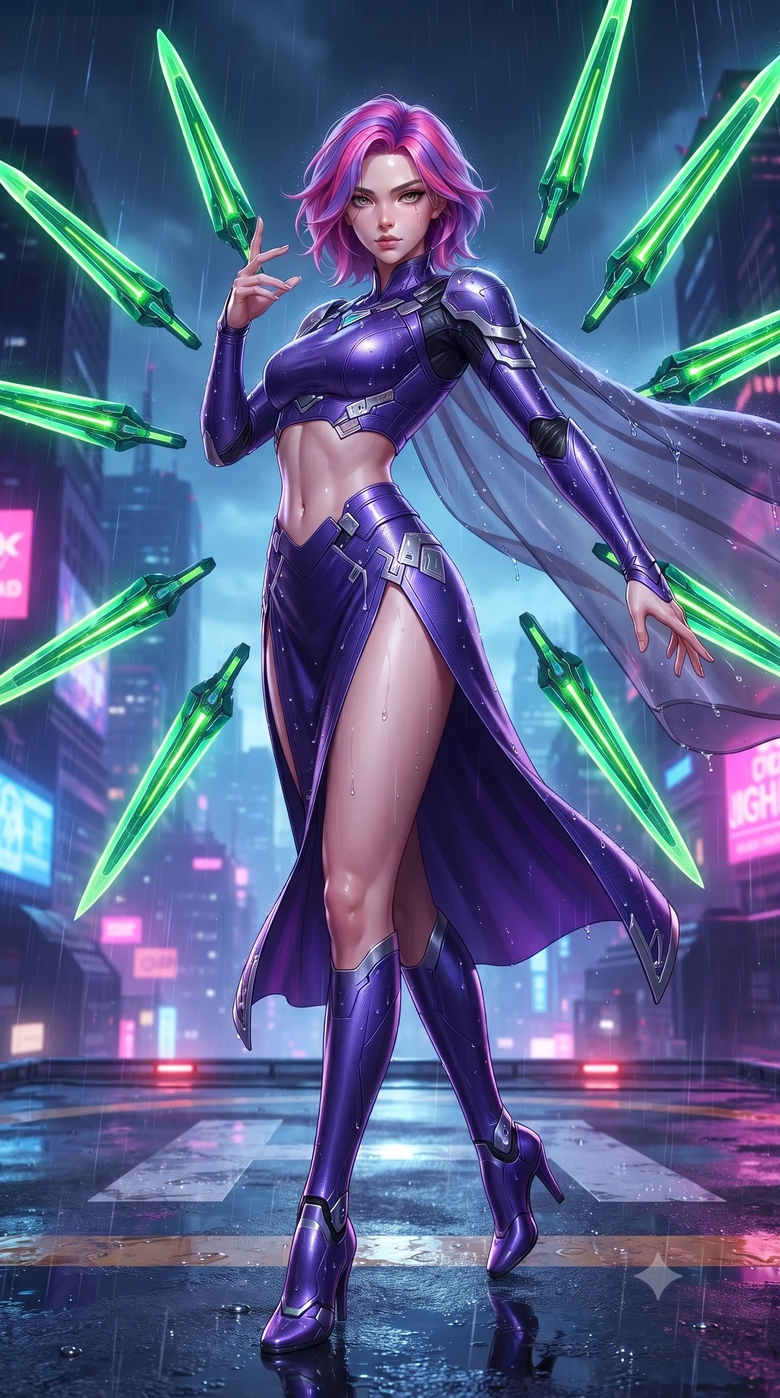 score_9, masterpiece, best quality, ultra-detailed, high-budget anime keyframe, editorial fashion photography, tasteful artistic composition, Caucasian woman. low angle full-body shot from head to toe showing her feet, filling the entire 9:16 vertical frame with her statuesque presence, stretching her vertical silhouette. performing an alluring mid-air combat landing with flawless poise, looking directly into the camera with regal, deadly intensity while arching her spine in a fluid combat stance as high-altitude winds billow her sheer tactical cape against the glowing city skyline. The surrounding environment is rendered in vivid detail and crisp panoramic clarity. sharp raindrop beads on polished carbon armor, razor-sharp glowing plasma blade edge, and wet helipad surface in deep focus. She has an absolutely perfect, statuesque 8.5-heads proportion, an exceptionally tall and slender model-like female figure with impossibly long slender legs, a toned flat midriff, and an ultra-slim waist. sharp v-shaped jawline, high-bridge nose, intricate jewel-like eyes with depth, thick eyelashes, glossy lips with a natural sheen, flawlessly proportioned anatomical accuracy, strict slender model proportions, natural body alignment, perfectly sculpted long slender limbs, ultra-slim waistline, clean dynamic posture without body distortion. wearing a precision-fitted royal purple carbon-fiber battle-dress with high-slit tactical skirt and silver accents, directing eight floating nano-crystal funnel blades with sovereign gestures in emerald green carbon composite with glowing lime laser channels, made of lightweight aerodynamic carbon-titanium alloy with polished edge bevels, finished with high-mobility articulation joints and miniature magnetic armor locks, the liquid-tight tailored fabric emphasizing every curve of her tall, slender model proportions and sculptured silhouette during dynamic movement. surrounded by an exhilarating, fierce, and breathtakingly stylish cyber-valkyrie aura. ultra-reflective glossy finish, specular highlights, dark metallic sheen, high-contrast stereoscopic depth, volumetric dynamic lighting, 2k, ultra detail, master piece, 9:16 ratio