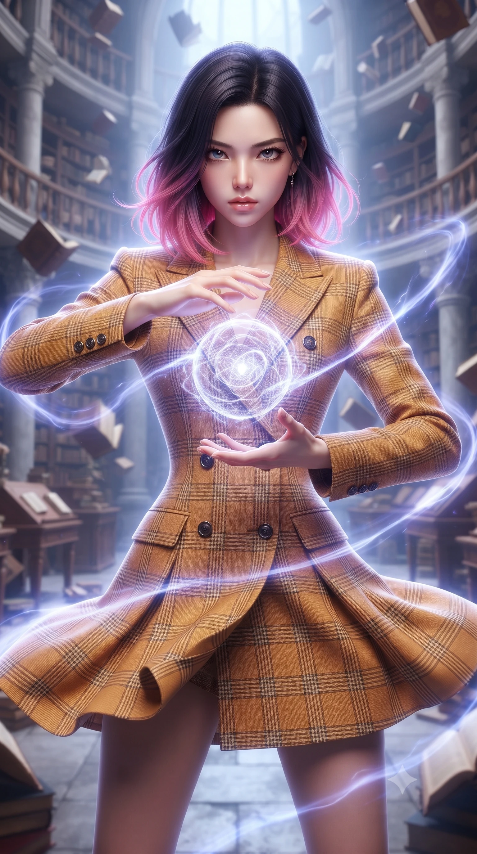 score_9, masterpiece, best quality, ultra-detailed, high-budget anime keyframe, editorial fashion photography, tasteful artistic composition, realistic cosplay photography, Korean woman. close-up cowboy shot from the waist and thighs up, the character dominates the composition, filling the frame with her large presence, background elements kept in soft focus. Channelling a swirling orb of energy between her hands with an intense focused gaze. set against a soft-focus background of a massive ancient library where books, wooden desks, and stone columns are falling upward in reverse gravity. She has an exceptionally elegant and slender, willowy female figure with an ultra-slim waist, a gracefully sculpted slender torso, and a refined slim physique. sharp v-shaped jawline, high-bridge nose, intricate jewel-like eyes with depth, thick eyelashes, glossy lips with a natural sheen. wearing the lightweight fabric rippling and billowing dramatically with her movement, a slim-fit fitted double-breasted blazer dress in a bright camel plaid, nips at her ultra-slim waist to emphasize her slender proportions. cool ethereal blue-violet bioluminescent glow wrapping around her from all sides. ultra-reflective glossy finish, specular highlights, metallic sheen, high-contrast stereoscopic depth, volumetric dynamic lighting, 2k, ultra detail, master piece, 9:16 ratio
