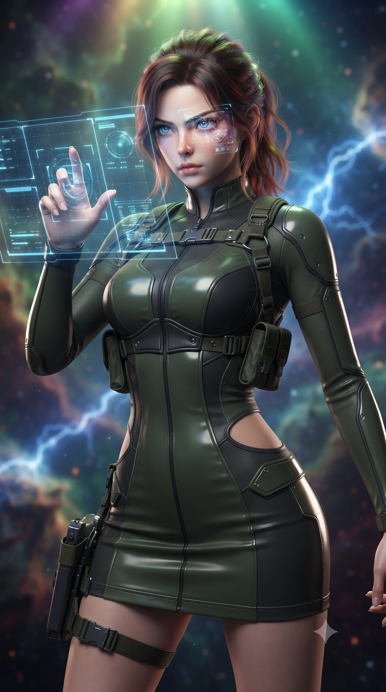 score_9, masterpiece, best quality, ultra-detailed, high-budget anime keyframe, editorial fashion photography, tasteful artistic composition, realistic cosplay photography, Korean woman. close-up cowboy shot from the waist and thighs up, the character dominates the composition, filling the frame with her large presence, background elements kept in soft focus. Scanning the digital tactical security grid with a fierce focused gaze, hologram overlays reflecting in her eyes. set against a soft-focus background of an ion storm in a nebula, blue electrical discharges arcing between floating gas clouds in space. She has an exceptionally elegant and slender, willowy female figure with an ultra-slim waist, a gracefully sculpted slender torso, and a refined slim physique. sharp v-shaped jawline, high-bridge nose, intricate jewel-like eyes with depth, thick eyelashes, glossy lips with a natural sheen. wearing tailored for maximum mobility, sleek form-contouring panels that allow fluid movement, a body-hugging combat mini dress in dark olive green and charcoal, featuring subtle hip cutouts and a structured bodice. illuminated by a shifting aurora palette of green violet and gold from above. ultra-reflective glossy finish, specular highlights, metallic sheen, high-contrast stereoscopic depth, volumetric dynamic lighting, 2k, ultra detail, master piece, 9:16 ratio
