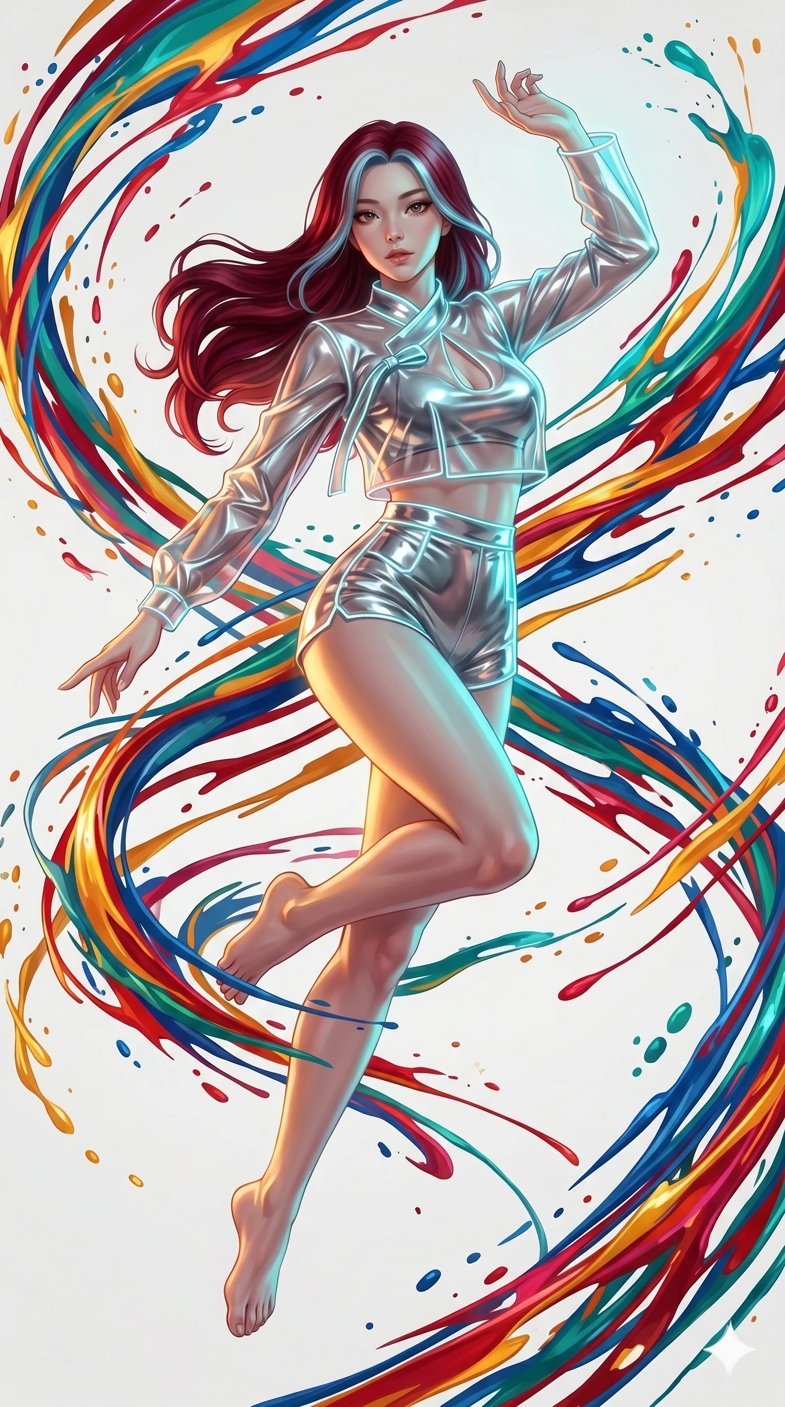 score_9, masterpiece, best quality, ultra-detailed, high-budget anime keyframe, Japanese woman. low angle full-body shot filling the entire 9:16 frame with her statuesque presence, stretching the vertical silhouette. leaping into a vorticist paint splatter dimension where thousands of vivid acrylic paint ribbons and splatters swirl around her in a white gallery void. She has an absolutely perfect 8-heads proportion, an exceptionally tall and slender female figure with impossibly long slender legs and an ultra-slim waist. V-shaped jawline, high-bridge nose, intricate jewel-like eyes with depth, thick eyelashes, glossy lips with a natural sheen.. wearing a vinyl liquid mercury fusion hanbok, featuring a translucent chrome-silver vinyl jeogori and high-waist micro-shorts, detailed with glowing neon wire trims and a tasteful chest slit. showcasing a beautiful play of light and shadow, with warm golden rays clashing against cool cyan highlights. 2k, ultra detail, master piece, 9:16 ratio