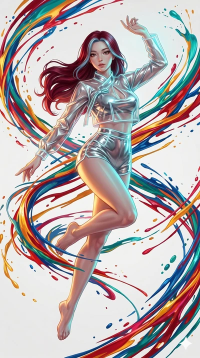 score_9, masterpiece, best quality, ultra-detailed, high-budget anime keyframe, Japanese woman. low angle full-body shot filling the entire 9:16 frame with her statuesque presence, stretching the vertical silhouette. leaping into a vorticist paint sp
