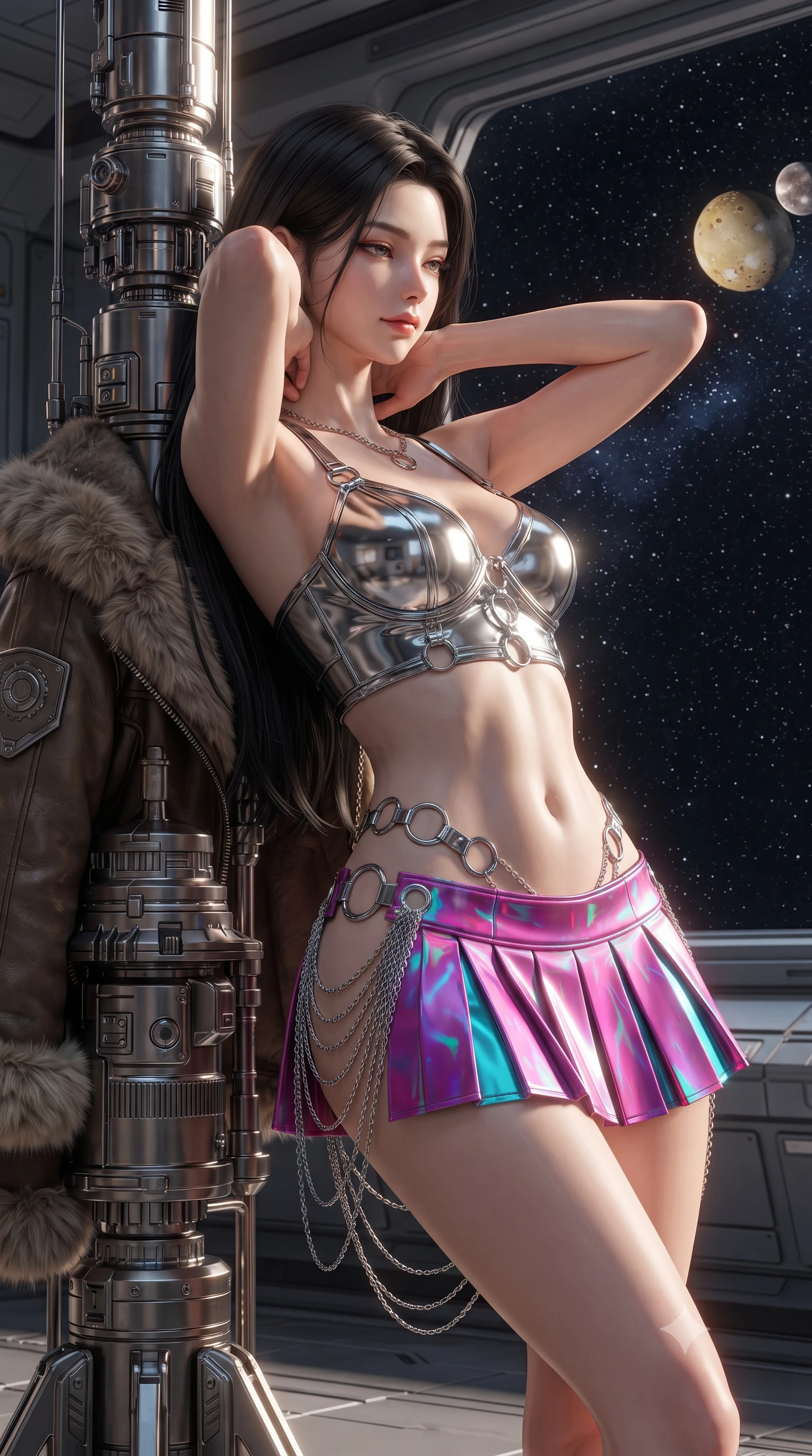 score_9, masterpiece, best quality, ultra-detailed, high-budget anime keyframe, editorial fashion photography, tasteful artistic composition, Korean woman. close-up cowboy shot from the waist and thighs up, the character dominates the composition, filling the frame with her large presence. resting both hands lightly behind her neck with elbows raised, arching her spine to highlight her narrow waist, flat midriff, and breathtaking collarbones while leaning against the thermal sensor mast with hips cocked back, looking through the deep starfield at the dancing shadows of Io and Ganymede with heavy-lidded bedroom-eyes. The surrounding environment is rendered in vivid detail and crisp panoramic clarity: detailed thermal officer coat tailoring, fur-trimmed collar, and monumental planetary scale in razor-sharp precision. She has an exceptionally elegant, slender, and willowy female figure with an ultra-slim waist, flat toned midriff, narrow ribcage, and sculpted feminine hips creating an alluring, slim hourglass silhouette without bulk. sharp v-shaped jawline, high-bridge nose, intricate jewel-like sparkling eyes with depth, thick eyelashes, glossy parted lips with a natural peach sheen, bright cheerful beaming smile with an enchanting and coquettish sensual glint, exuding both youthful cute charm and seductive allure, flawlessly proportioned anatomical accuracy, strict slender model proportions, natural body alignment, perfectly sculpted long slender limbs, ultra-slim waistline, clean dynamic posture without body distortion. wearing a chrome-plated tactical combat bustier top with reinforced underwire paired with a low-rise pleated micro combat skirt in Shinjuku acid-rain magenta and cyan neon, adorned with delicate chrome ring hardware and cutouts along her slender waist, accented with an open-back drape framed by falling strands of delicate chrome chains, the form-contouring silhouette accentuating her sculpted flat midriff, narrow delicate ribcage, and gracefully curvy hips with intoxicating allure. bathed in the warm radiant 3000K glow of reflected Jupiter-light contrasted with the pitch-black starfield. ultra-reflective glossy finish, specular highlights, rich textural contrasts, high-contrast stereoscopic depth, volumetric dynamic lighting, 2k, ultra detail, master piece, 9:16 ratio