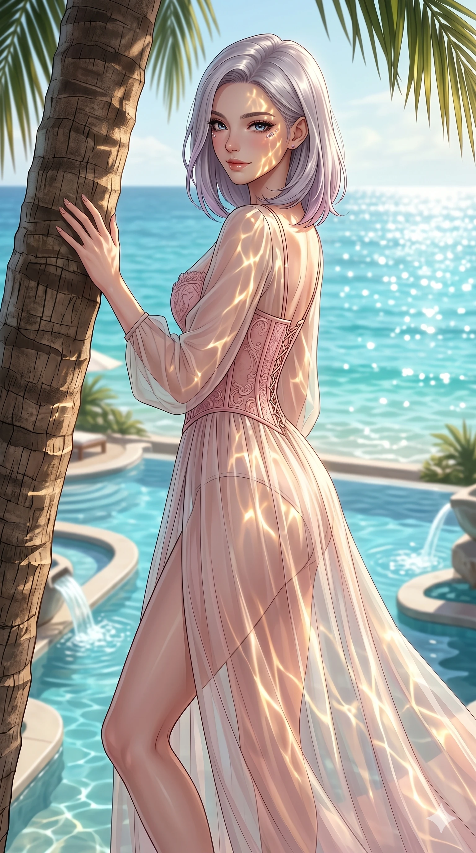 score_9, masterpiece, best quality, ultra-detailed, high-budget anime keyframe, editorial fashion photography, tasteful artistic composition, Caucasian woman, strictly human ears. cowboy shot from the thighs up, character and outfit filling the frame for maximum editorial presence. resting one hand on a palm tree, looking over her shoulder with a bedroom-eyes smile in a luxury beachside spa overlooking the sparkling turquoise sea (Code-P19-195). She has an absolutely perfect 8-heads proportion, an exceptionally tall and slender female figure with impossibly long slender legs and an ultra-slim waist. V-shaped jawline, high-bridge nose, intricate jewel-like eyes with depth, thick eyelashes, glossy lips with a natural sheen. wearing a sheer chiffon dress with a pink corset bodice. illuminated by golden reflections from the rushing valley water, creating dancing light patterns on her face. 2k, ultra detail, master piece, 9:16 ratio