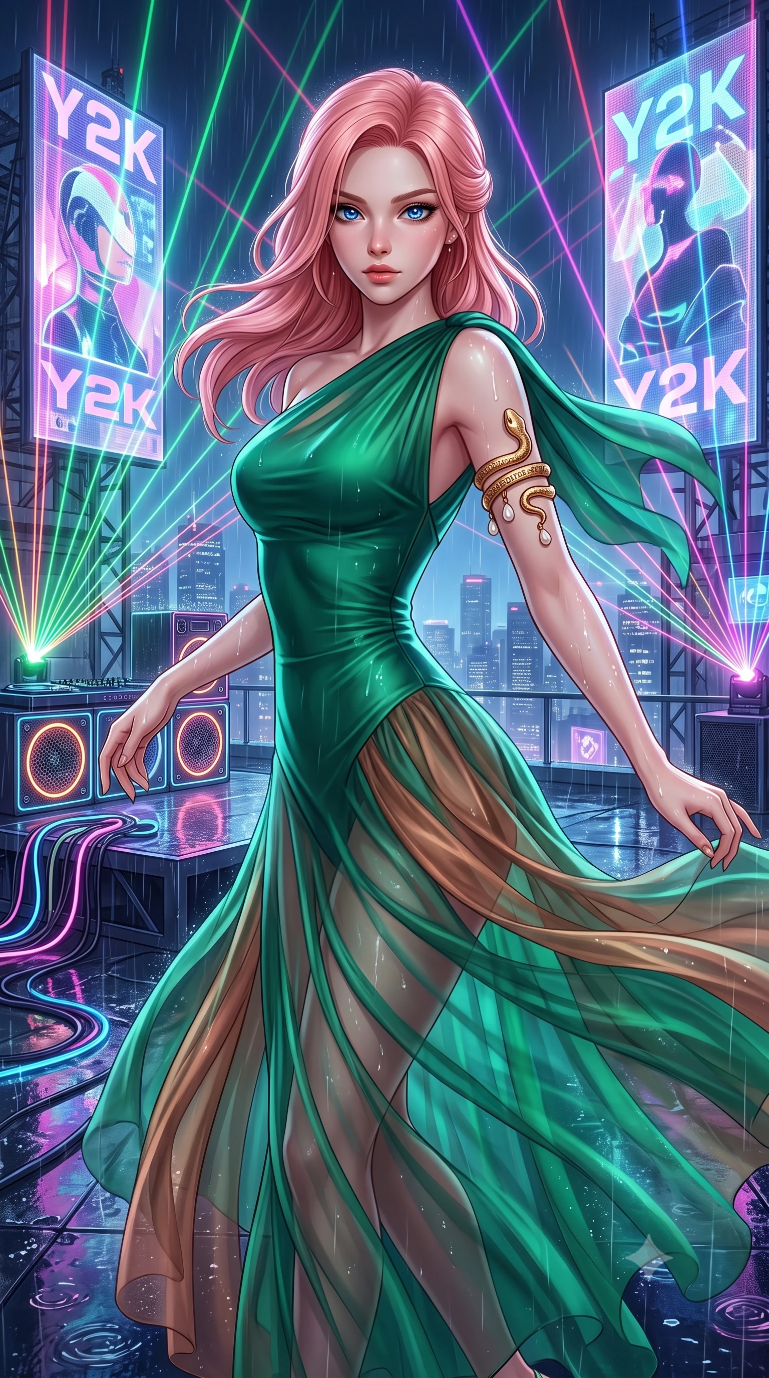 score_9, masterpiece, best quality, ultra-detailed, high-budget anime keyframe, semi-realistic 3D game render, editorial fashion photography, tasteful artistic composition, Japanese woman. close-up cowboy shot from the waist and thighs up, the character dominates the composition, filling the frame with her large presence. radiating intense magnetic charisma with jewel-like eyes locked onto the viewer, her upper body turning in a dynamic, fluid S-curve while dancing dynamically on a rain-slicked skyscraper rooftop amidst pulsating RGB laser beams and giant holographic billboards. The surrounding environment is rendered in vivid detail and crisp panoramic clarity. intricate audio speaker grilles, glowing LED accessory cables, and laser beam paths in high resolution. She has an exceptionally elegant, slender, and willowy female figure with an ultra-slim waist, a gracefully sculpted slender torso, toned flat midriff, and a refined slim silhouette. sharp v-shaped jawline, high-bridge nose, intricate jewel-like eyes with depth, thick eyelashes, glossy lips with a natural sheen, captivating and magnetic expression, flawlessly proportioned anatomical accuracy, strict slender model proportions, natural body alignment, perfectly sculpted long slender limbs, ultra-slim waistline, clean dynamic posture without body distortion. wearing an ethereal emerald-green silk chiffon gown with an asymmetric shoulder drape and sheer layered skirt in deep emerald green and bronze, woven from airy multi-layered silk chiffon with a weightless drape, accented with a sculptured gold serpent armlet and pearl drops edition #33, the glove-like aerodynamic second-skin fit tightly clinging to her ultra-slender waist and athletic curves without adding bulk, accentuating her razor-sharp statuesque lines and slim hourglass silhouette. surrounded by a vibrant, fearless, and passionately energetic Y2K party queen aura. highly saturated vibrant anime colors, detailed shading with soft gradients, rich glossy textures, high-contrast stereoscopic depth, volumetric dynamic lighting, master piece, 9:16 ratio