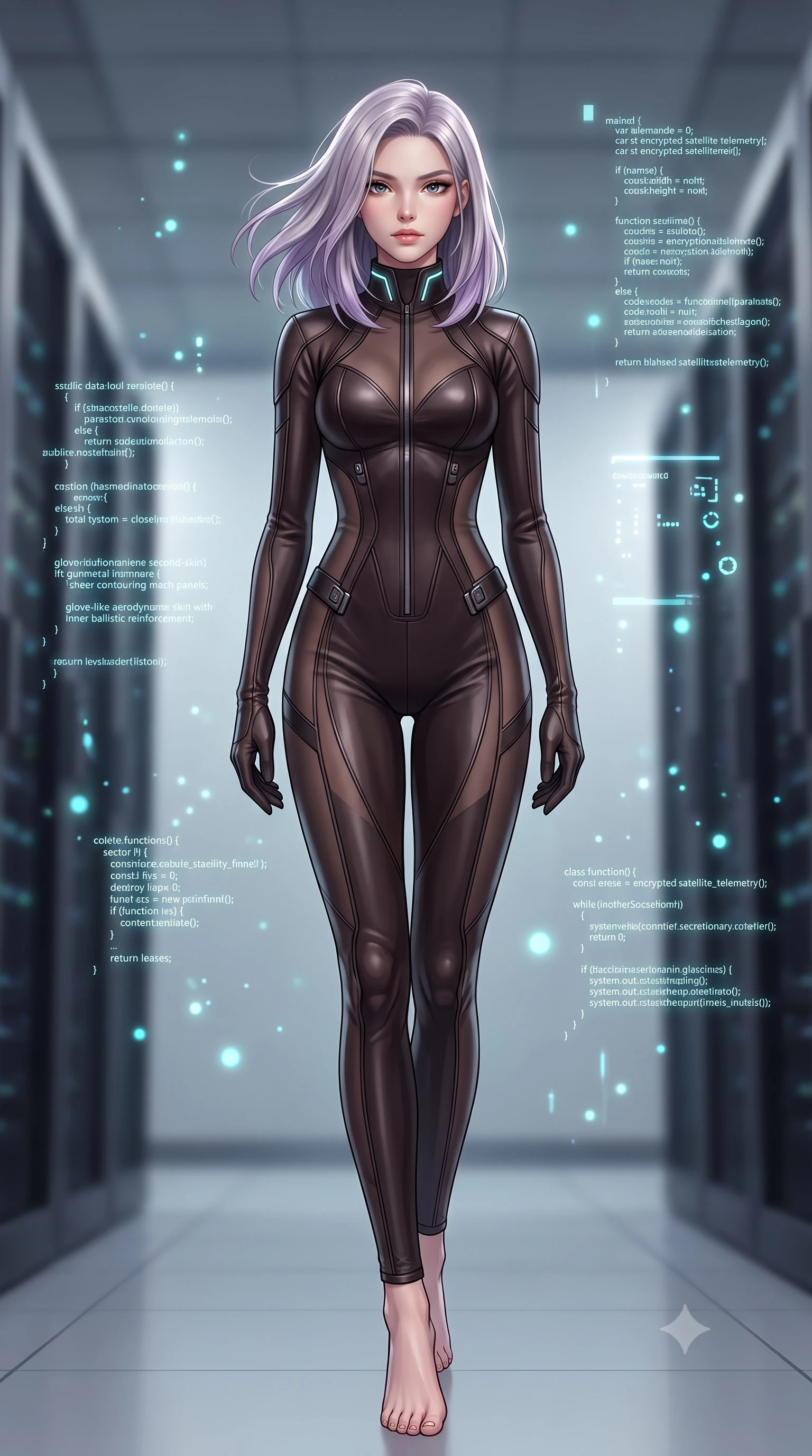 score_9, masterpiece, best quality, ultra-detailed, high-budget anime keyframe, semi-realistic 3D game render, editorial fashion photography, tasteful artistic composition, Caucasian woman. low angle full-body shot from head to toe showing her feet, filling the entire 9:16 vertical frame with her statuesque presence, stretching her vertical silhouette. landing lightly on the balls of her feet in a balanced kinetic stance, eyes locked onto the camera with fearless allure while arching her spine in a fluid stretch while reviewing encrypted satellite telemetry data with a calm, intellectual expression. The composition keeps background elements in soft focus with creamy bokeh. glowing holographic code glyphs and UI particles scattering soft cyan light motes around her. She has an absolutely perfect, statuesque 8.5-heads proportion, an exceptionally tall and slender model-like female figure with impossibly long slender legs, a toned flat midriff, and an ultra-slim waist. sharp v-shaped jawline, high-bridge nose, intricate jewel-like eyes with depth, thick eyelashes, glossy lips with a natural sheen, captivating and magnetic expression, flawlessly proportioned anatomical accuracy, strict slender model proportions, natural body alignment, perfectly sculpted long slender limbs, ultra-slim waistline, clean dynamic posture without body distortion. wearing a high-mobility tactical jumpsuit featuring sheer contouring mesh panels and reinforced shoulders in deep espresso leather and gunmetal hardware, tailored from fluid silk crepe with inner ballistic reinforcement, featuring a high aerodynamic collar framed by subtle glowing cybernetic LEDs, the glove-like aerodynamic second-skin fit tightly clinging to her ultra-slender waist and athletic curves without adding bulk, accentuating her razor-sharp statuesque lines and slim hourglass silhouette. surrounded by a mastermind, elite, and dangerously seductive intelligence director aura. highly saturated vibrant anime colors, detailed shading with soft gradients, rich glossy textures, high-contrast stereoscopic depth, volumetric dynamic lighting, master piece, 9:16 ratio