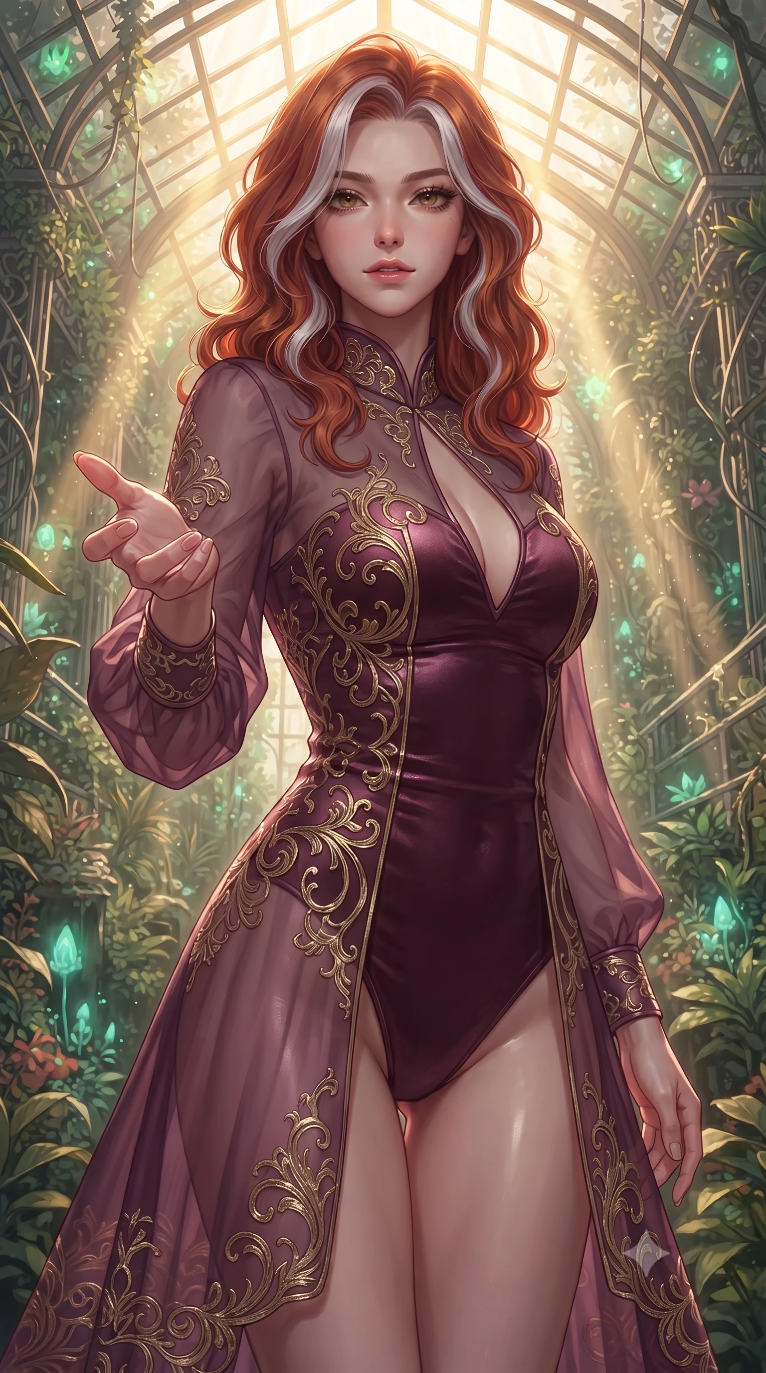 score_9, masterpiece, best quality, ultra-detailed, high-budget anime keyframe, editorial fashion photography, tasteful artistic composition, Caucasian woman. close-up cowboy shot from the waist and thighs up, the character dominates the composition, filling the frame with her large presence, background elements kept in soft focus. Reaching one hand gracefully toward the viewer with effortless superiority and allure forging through an overgrown greenhouse filled with platinum wire lattices, intense volumetric sunbeams filtering through the glass ceiling. She has an exceptionally elegant, slender, and willowy female figure with an ultra-slim waist, a gracefully sculpted slender torso, and a refined silhouette. sharp v-shaped jawline, high-bridge nose, intricate jewel-like eyes with depth, thick eyelashes, glossy lips with a natural sheen. wearing a semi-opaque sheer overlay dress over a leather micro-bodysuit in plum purple and gold filigree, made of premium stretch velvet with a rich sheen, accented with a Tasteful chest slit framing her clavicle gracefully, the form-contouring material highlighting her ultra-slim waist and long lines. bathed in warm golden sunlight and soft emerald bioluminescent glow. ultra-reflective glossy finish, specular highlights, metallic sheen, high-contrast stereoscopic depth, volumetric dynamic lighting, 2k, ultra detail, master piece, 9:16 ratio