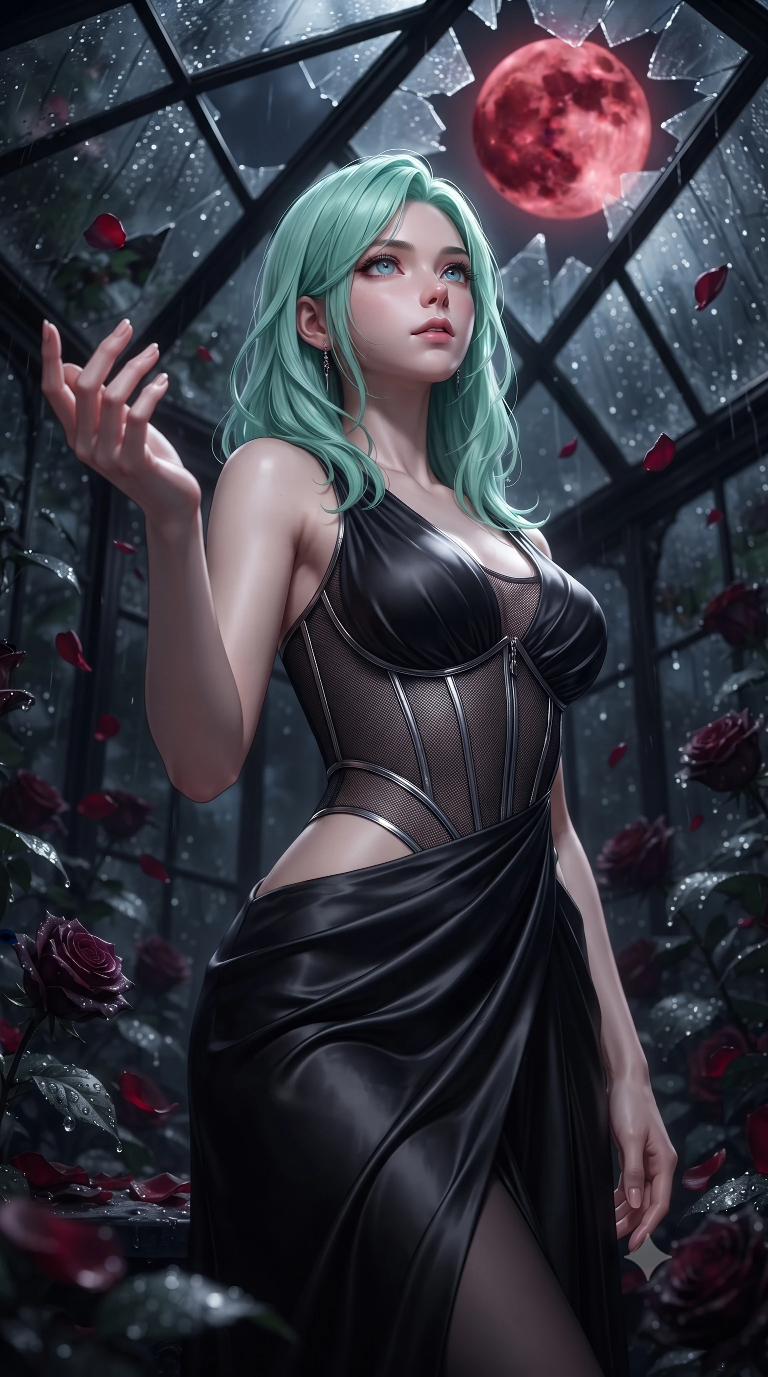 score_9, masterpiece, best quality, ultra-detailed, high-budget anime keyframe, editorial fashion photography, tasteful artistic composition, Japanese woman. close-up cowboy shot from the waist and thighs up, the character dominates the composition, filling the frame with her large presence, background elements kept in soft focus. Reaching one hand toward the viewer with relaxed dark elegance, looking up at a blood moon through shattered dark greenhouse glass, dark velvet rose petals covered in rain dewdrops glinting in moonlight. She has an exceptionally elegant, slender, and willowy female figure with an ultra-slim waist, a gracefully sculpted slender torso, and a refined silhouette. sharp v-shaped jawline, high-bridge nose, intricate jewel-like eyes with depth, thick eyelashes, glossy lips with a natural sheen. wearing draped obsidian silk gown featuring tasteful waist slit cutouts in pitch-black onyx, made of fine dark contouring mesh, finished with metallic silver boning and sleek zipper points, highlighting her statuesque proportions and ultra-slim waistline. illuminated by cold silver moonlight filtering through dark greenhouse glass. highly saturated vibrant anime colors, detailed shading with soft gradients, rich glossy textures, high-contrast stereoscopic depth, volumetric dynamic lighting, master piece, 9:16 ratio
