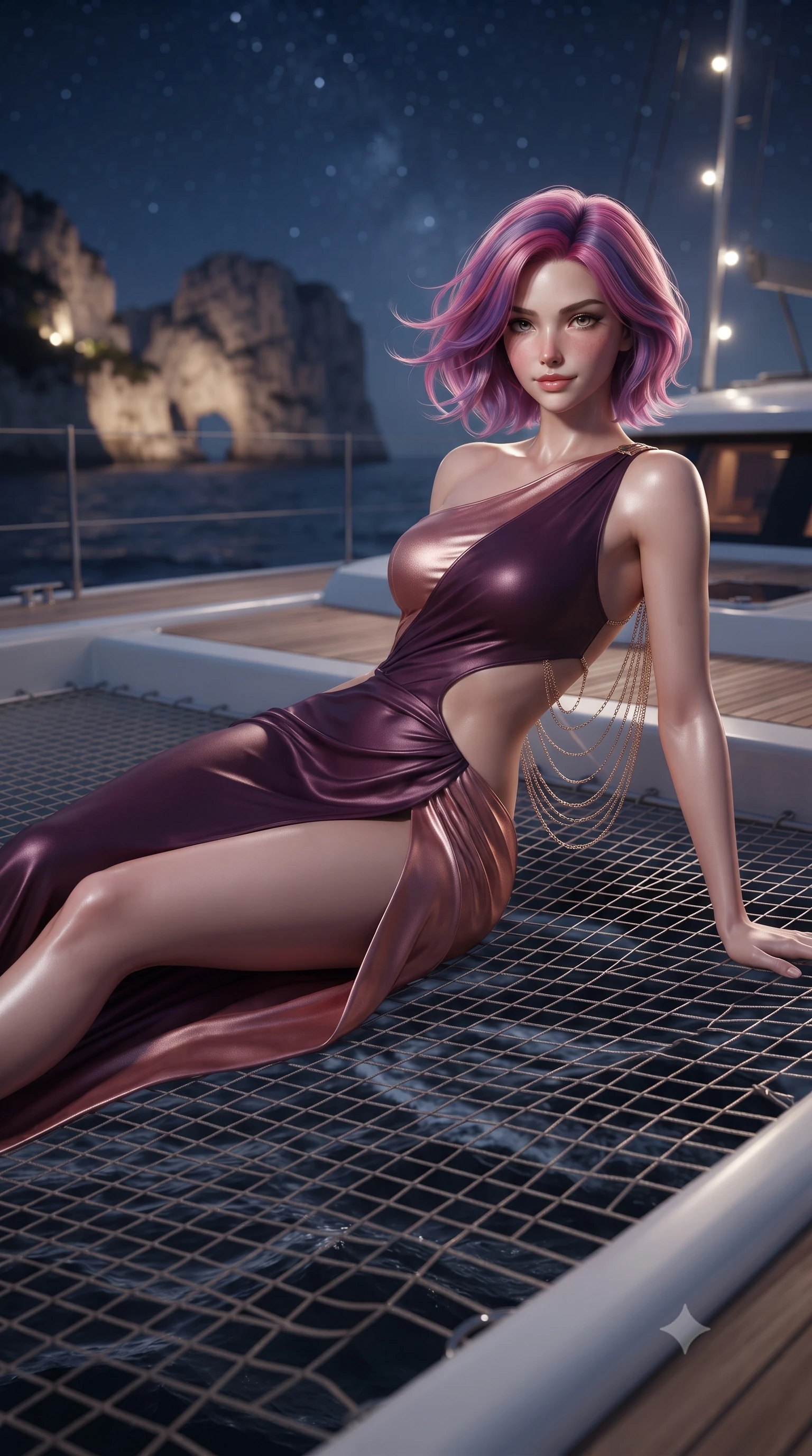 score_9, masterpiece, best quality, ultra-detailed, high-budget anime keyframe, editorial fashion photography, tasteful artistic composition, Caucasian woman. close-up cowboy shot from the waist and thighs up, the character dominates the composition, filling the frame with her large presence. turning slowly with an enchanting smoldering smile, her glossy hair tossing in the breeze as her hips angle gracefully in a captivating contrapposto while reclining across the oversized forward trampoline netting between the twin hulls, arching her back with sensual siren ease as dark waves rush underneath. The background shows a soft-focus illuminated limestone cliffs of Capri across dark open waters, cruising yacht masthead lights, and starry night sky blurred into champagne, sapphire, and starlight bokeh. She has an exceptionally elegant, slender, and willowy female figure with an ultra-slim waist, flat toned midriff, narrow ribcage, and sculpted feminine hips creating an alluring, slim hourglass silhouette without bulk. sharp v-shaped jawline, high-bridge nose, sparkling eyes with hypnotic seductive depth, thick curled eyelashes, glossy parted lips with a natural dewy peach sheen, alluring bedroom-eyes with an enchanting coquettish smile, exuding magnetic siren charisma and sophisticated glamour, flawlessly proportioned anatomical accuracy, strict slender model proportions, natural body alignment, perfectly sculpted long slender limbs, ultra-slim waistline, clean dynamic posture without body distortion. wearing an asymmetric one-shoulder liquid jersey gown with dramatic hip-high slit and sculptural waist cutout in deep plum violet and rose gold, woven from buttery-soft stretch lambskin leather adhering to her body like a second skin, accented with an open-back drape framed by falling strands of delicate gold chains, the high-slit wrap tailoring accentuating her ultra-slim waistline and the enchanting curve of her feminine hips with alluring seductive charm. bathed in subtle warm teak deck courtesy LEDs combined with pure silver full moonlight reflecting off open water. ultra-reflective glossy finish, specular highlights, rich textural contrasts, high-contrast stereoscopic depth, volumetric dynamic lighting, 2k, ultra detail, master piece, 9:16 ratio