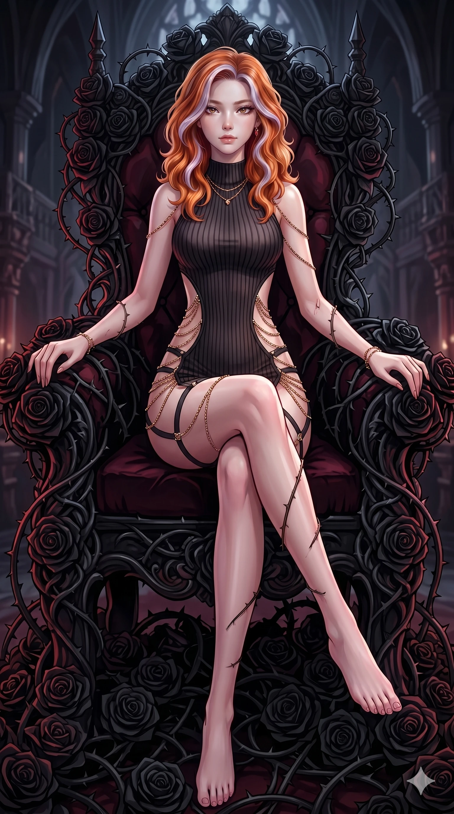 score_9, masterpiece, best quality, ultra-detailed, High-budget Anime Keyframe, East Asian woman. Dynamic full-body shot stretching the vertical silhouette to the limit. Scenario 290: Resting on a throne of black roses, thorns grazing her skin. Her presence is magnetic and overpowering in this high-budget anime scene. Outfit 290: A ribbed bodycon knit garter with a strategic side cut-outs and fine gold chains. The clothing is designed to emphasize her exceptionally tall and slender 8-heads proportion. 8-heads proportion, towering silhouette, ultra-slim waist. sharp v-shaped jawline, intricate jewel-like eyes with depth, thick eyelashes, glossy lips. 2k, ultra detail, master piece, 9:16 ratio
