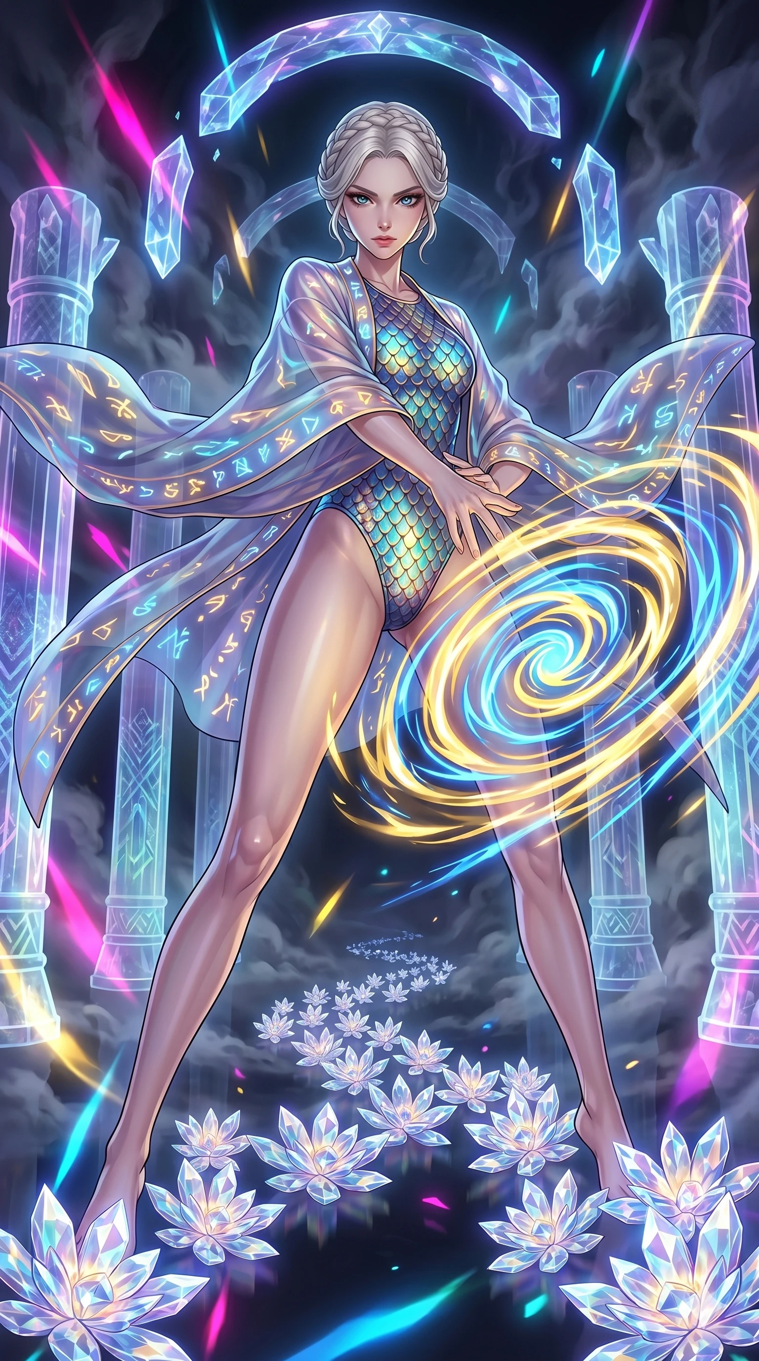 score_9, masterpiece, best quality, ultra-detailed, Set A: High-budget Anime Keyframe, Japanese woman. Low angle cowboy shot filling the entire 9:16 frame with her statuesque presence. Theme: Ethereal Dream. unleashing a massive energy wave in a temple made of solid light, while she leaves a trail of 96 blooming crystal flowers. The atmosphere is filled with heavy smog with neon flares. She has an absolutely perfect 8-heads proportion, an exceptionally tall and slender female figure with impossibly long slender legs and an ultra-slim waist. Sharp v-shaped jawline, high-bridge nose, intricate jewel-like eyes with depth, glossy lips. Wearing Iridescent dragon-scale swimwear under a translucent silk kimono with glowing runes. Cinematic lighting, vivid colors, dramatic shadows, 2k, ultra detail, master piece, 9:16 ratio