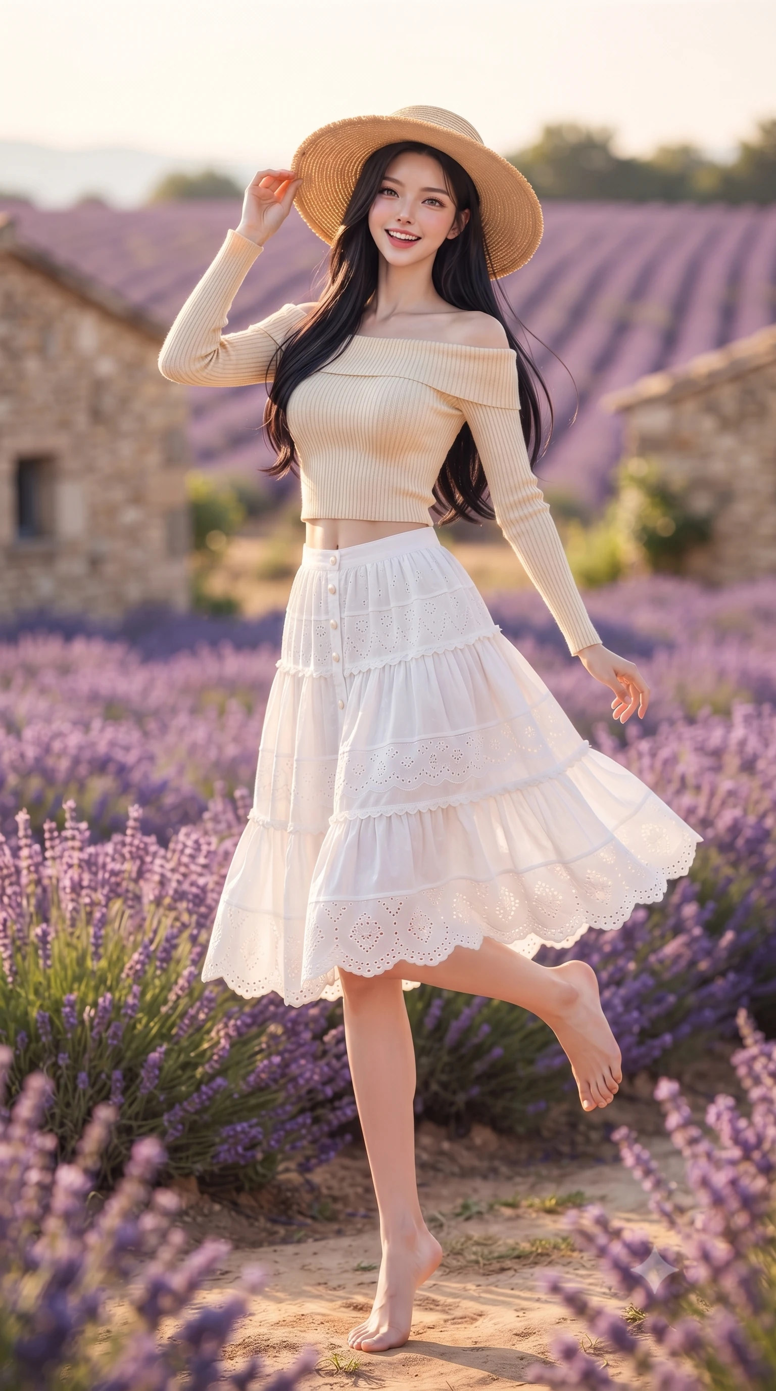 score_9, masterpiece, best quality, ultra-detailed, high-budget anime keyframe, editorial fashion photography, tasteful artistic composition, Korean woman. low angle full-body shot from head to toe showing her feet, filling the entire 9:16 vertical frame with her statuesque presence, stretching her vertical silhouette. standing poised on one leg with a playful hop and joyful expression, her long legs and slender figure highlighted against the landscape while adjusting her wide-brimmed straw hat against the gentle summer breeze with a cute, youthful grin. The composition keeps background elements in soft focus with creamy bokeh. endless rolling purple lavender fields and vintage stone cottage walls blurred into dreamy violet and golden bokeh. She has an absolutely perfect, statuesque 8.5-heads proportion, an exceptionally tall and slender model-like female figure with impossibly long slender legs, a toned flat midriff, and an ultra-slim waist. sharp v-shaped jawline, high-bridge nose, intricate jewel-like eyes with depth, thick eyelashes, glossy lips with a natural sheen, pure and lovely fresh girlhood expression, flawlessly proportioned anatomical accuracy, strict slender model proportions, natural body alignment, perfectly sculpted long slender limbs, ultra-slim waistline, clean dynamic posture without body distortion. wearing a fresh off-shoulder ribbed knit top paired with a tiered white cotton midi skirt in warm caramel and cream vanilla, woven with delicate eyelet lace and breathable cotton voile, finished with delicate scallop trims and tiny pearl buttons, the breezy lightweight fabric fluttering softly against her delicate collarbones, narrow waist, and feminine curves. bathed in warm golden hour sunlight casting long romantic shadows across the purple lavender rows. ultra-reflective glossy finish, specular highlights, rich natural textures, high-contrast stereoscopic depth, volumetric dynamic lighting, 2k, ultra detail, master piece, 9:16 ratio