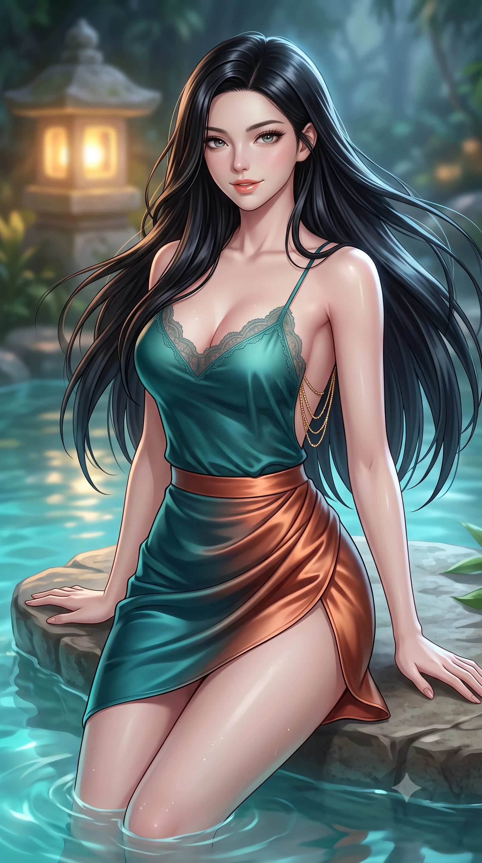 score_9, masterpiece, best quality, ultra-detailed, high-budget anime keyframe, semi-realistic 3D game render, editorial fashion photography, tasteful artistic composition, Korean woman. close-up cowboy shot from the waist and thighs up, the character dominates the composition, filling the frame with her large presence. turning slowly with an enchanting smoldering smile, her glossy hair tossing in the breeze as her hips angle gracefully in a captivating contrapposto while lounging in the shallow natural spring shelf propped on both hands, her statuesque 8.5-heads silhouette radiating breathtaking tropical sensuality. The background shows a soft-focus stone lantern glows softened in mystical Balinese sanctuary shallow focus. She has an exceptionally elegant, slender, and willowy female figure with an ultra-slim waist, flat toned midriff, narrow ribcage, and sculpted feminine hips creating an alluring, slim hourglass silhouette without bulk. sharp v-shaped jawline, high-bridge nose, sparkling eyes with hypnotic seductive depth, thick curled eyelashes, glossy parted lips with a natural dewy peach sheen, alluring bedroom-eyes with an enchanting coquettish smile, exuding magnetic siren charisma and sophisticated glamour, flawlessly proportioned anatomical accuracy, strict slender model proportions, natural body alignment, perfectly sculpted long slender limbs, ultra-slim waistline, clean dynamic posture without body distortion. wearing a delicate lace-trimmed silk camisole paired with a draped satin tulip mini skirt with high side slit in Ubud rainforest teal and sunset copper, tailored from fine structural neoprene with crisp architectural edges and smooth contouring, accented with an open-back drape framed by falling strands of delicate gold chains, the form-contouring silhouette accentuating her sculpted flat midriff, narrow delicate ribcage, and gracefully curvy hips with intoxicating allure. bathed in luminous underwater aquamarine spring lighting paired with soft warm garden uplights and full moonlight. highly saturated vibrant anime colors, detailed shading with soft gradients, rich glossy textures, high-contrast stereoscopic depth, volumetric dynamic lighting, master piece, 9:16 ratio