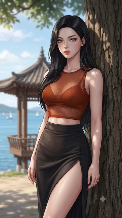 score_9, masterpiece, best quality, ultra-detailed, high-budget anime keyframe, editorial fashion photography, tasteful artistic composition, Korean woman woman. close-up cowboy shot from the waist and thighs up, the character dominates the compositi