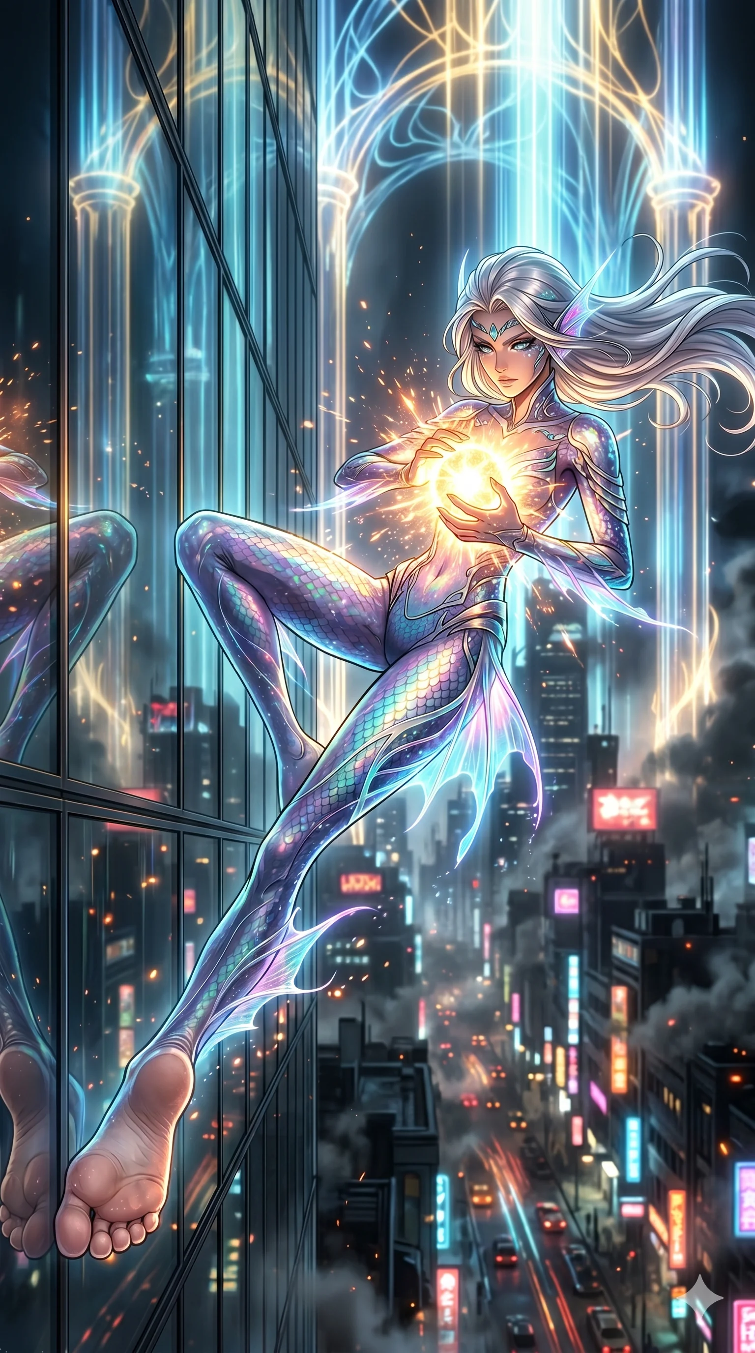 score_9, masterpiece, best quality, ultra-detailed, Set A: High-budget Anime Keyframe, Caucasian (human ears) woman. Low angle cowboy shot filling the entire 9:16 frame with her statuesque presence. Theme: Ethereal Dream. sliding down a glass skyscraper in a temple made of solid light, holding a glowing core that hums with the power of 92 suns. The atmosphere is filled with heavy smog with neon flares. She has an absolutely perfect 8-heads proportion, an exceptionally tall and slender female figure with impossibly long slender legs and an ultra-slim waist. Sharp v-shaped jawline, high-bridge nose, intricate jewel-like eyes with depth, glossy lips. Wearing Deep-sea siren bodysuit with iridescent scales and glowing translucent fins. Cinematic lighting, vivid colors, dramatic shadows, 2k, ultra detail, master piece, 9:16 ratio